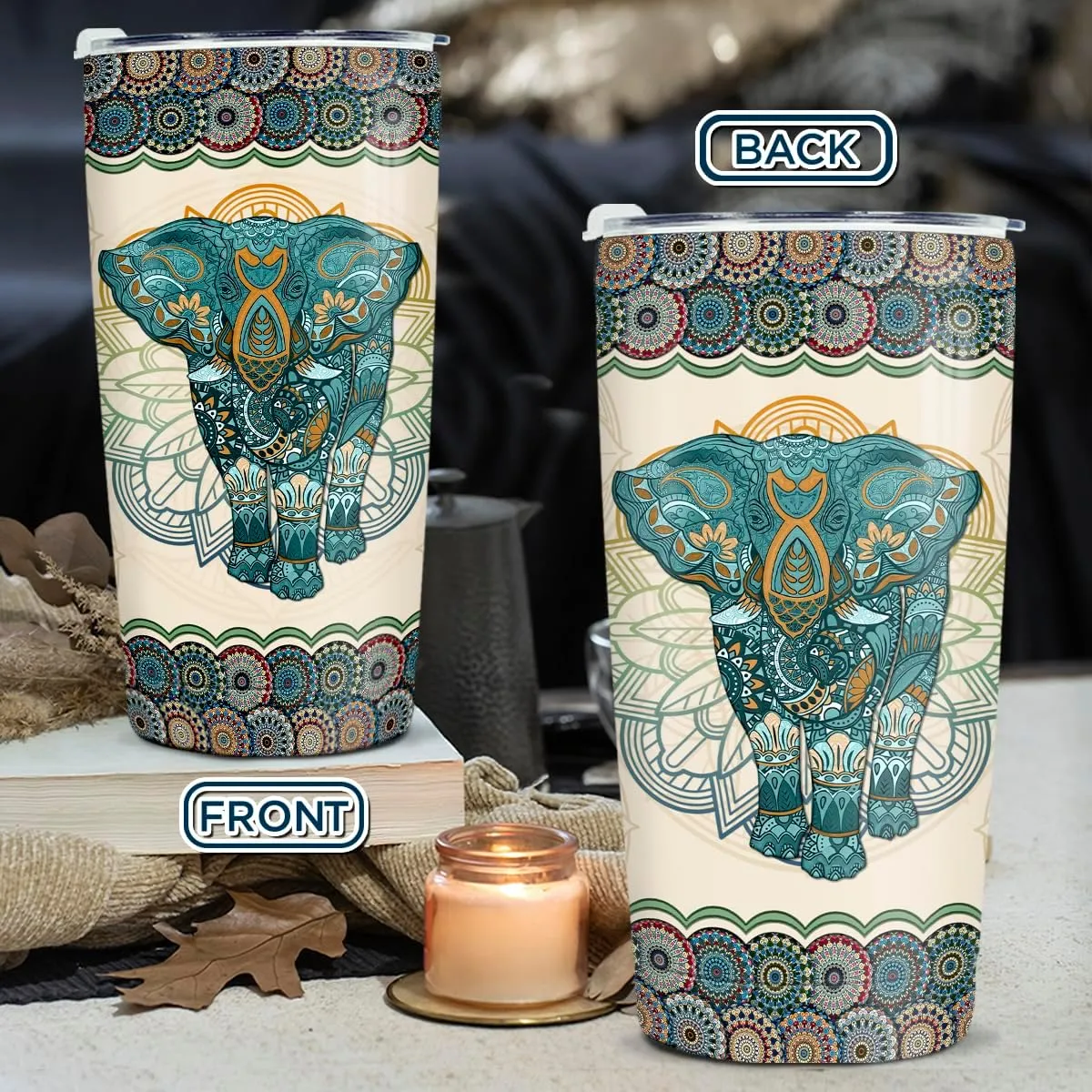wowcugi Elephant Tumbler 20oz Mandala Style Coffee Travel Mug Stainless Steel Insulated Tumblers Gift for Women, Girls, Mothers Day, Birthday, Christmas