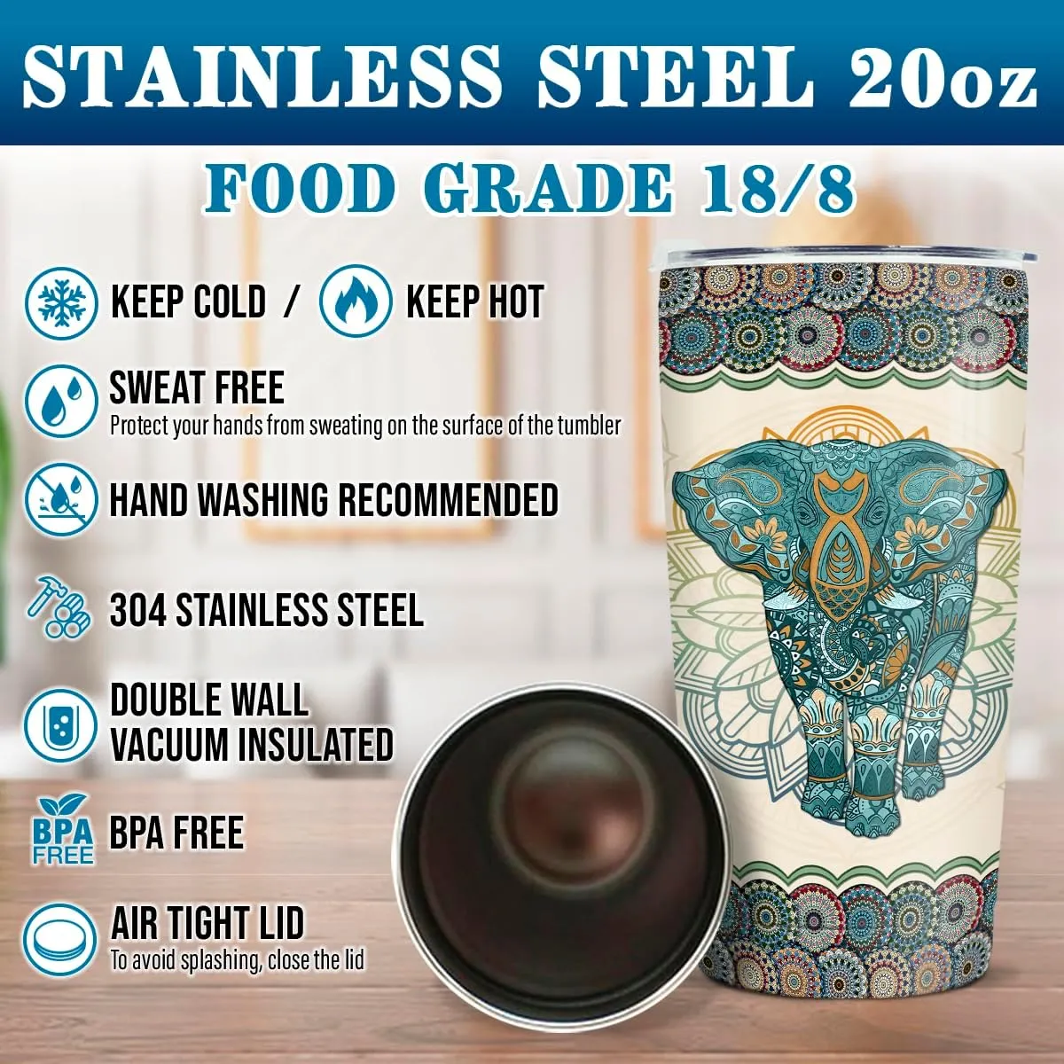 wowcugi Elephant Tumbler 20oz Mandala Style Coffee Travel Mug Stainless Steel Insulated Tumblers Gift for Women, Girls, Mothers Day, Birthday, Christmas
