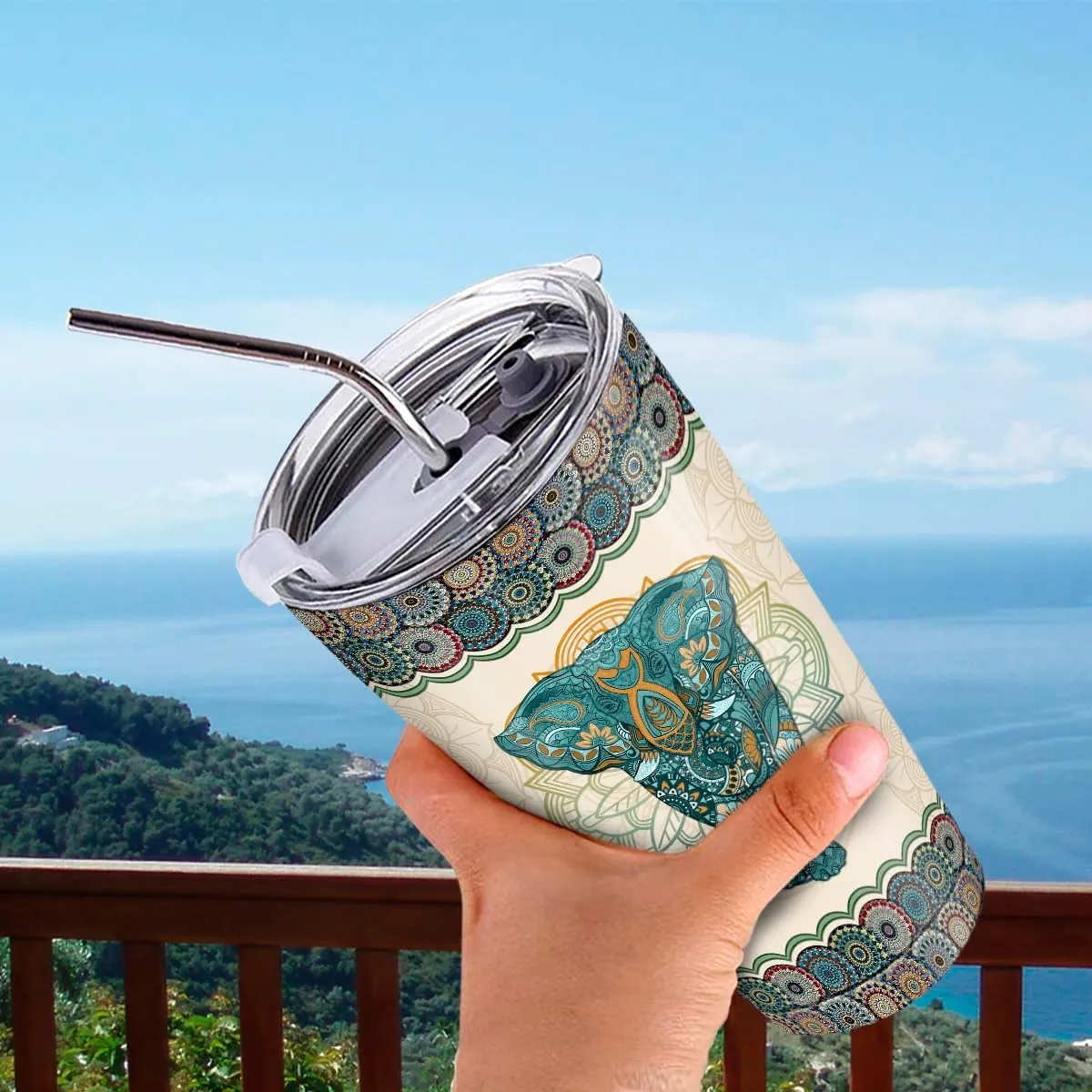 wowcugi Elephant Tumbler 20oz Mandala Style Coffee Travel Mug Stainless Steel Insulated Tumblers Gift for Women, Girls, Mothers Day, Birthday, Christmas