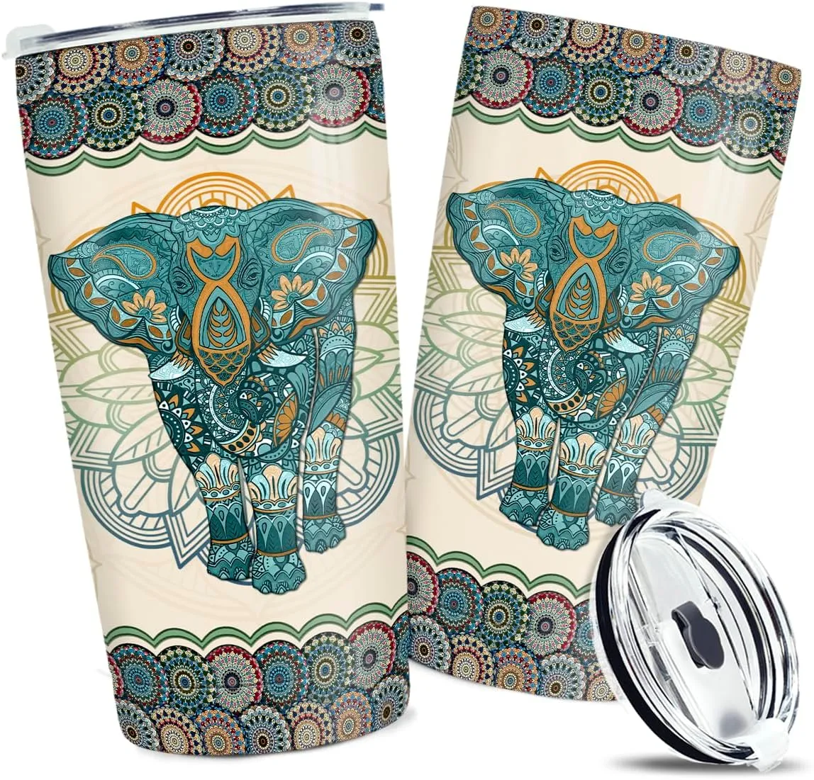 wowcugi Elephant Tumbler 20oz Mandala Style Coffee Travel Mug Stainless Steel Insulated Tumblers Gift for Women, Girls, Mothers Day, Birthday, Christmas