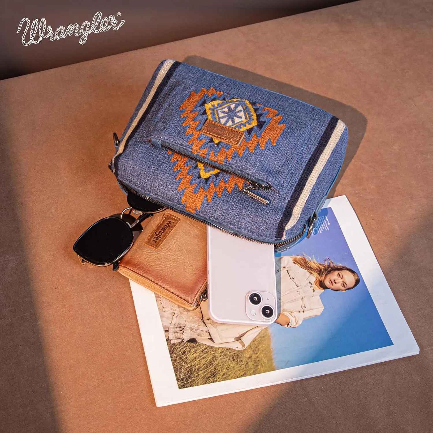 Wrangler Western Aztec Small Crossbody Bags for Women Multi Pocket Over Shoulder Crossbody Purse with Guitar Strap