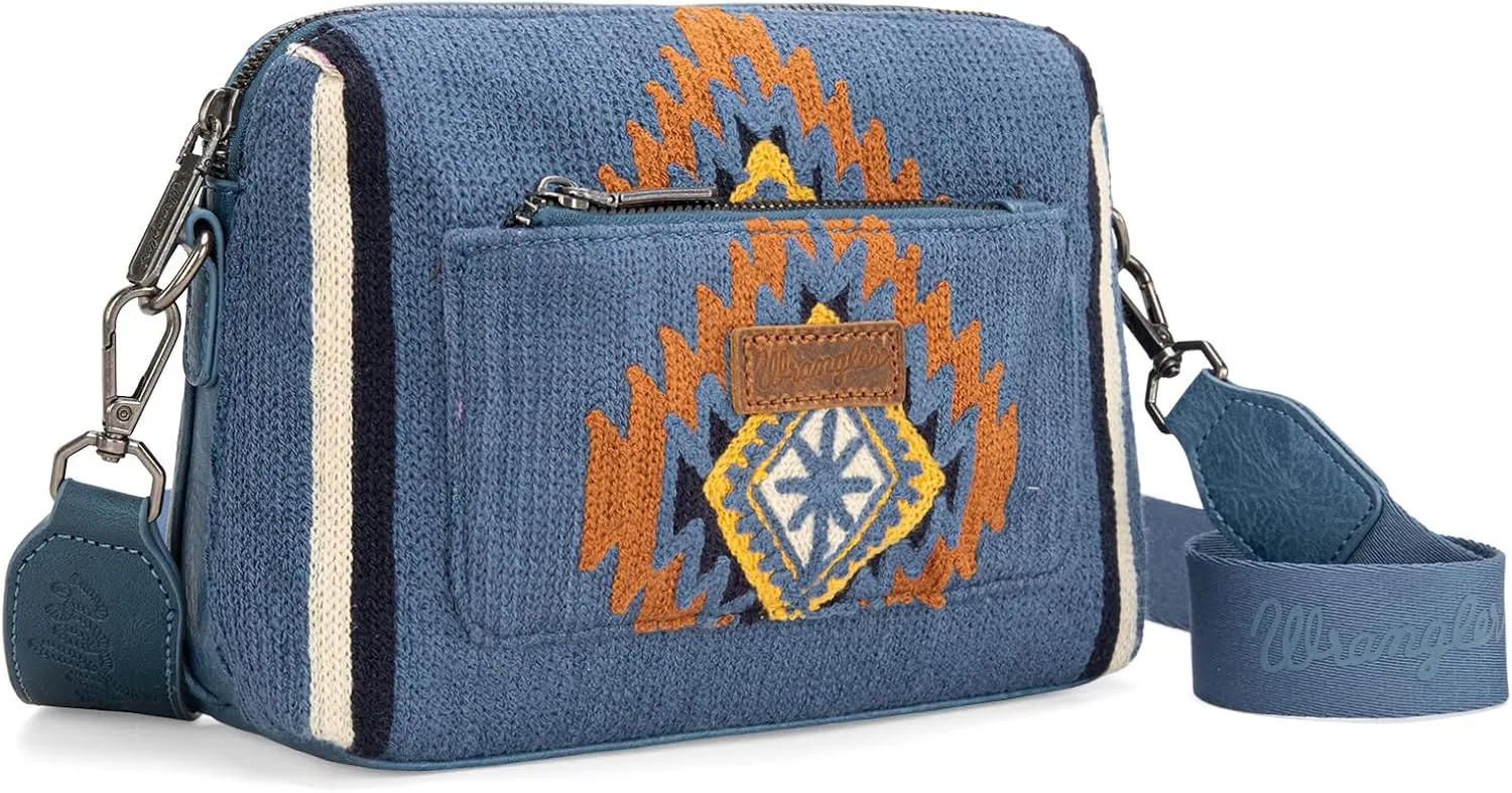 Wrangler Western Aztec Small Crossbody Bags for Women Multi Pocket Over Shoulder Crossbody Purse with Guitar Strap