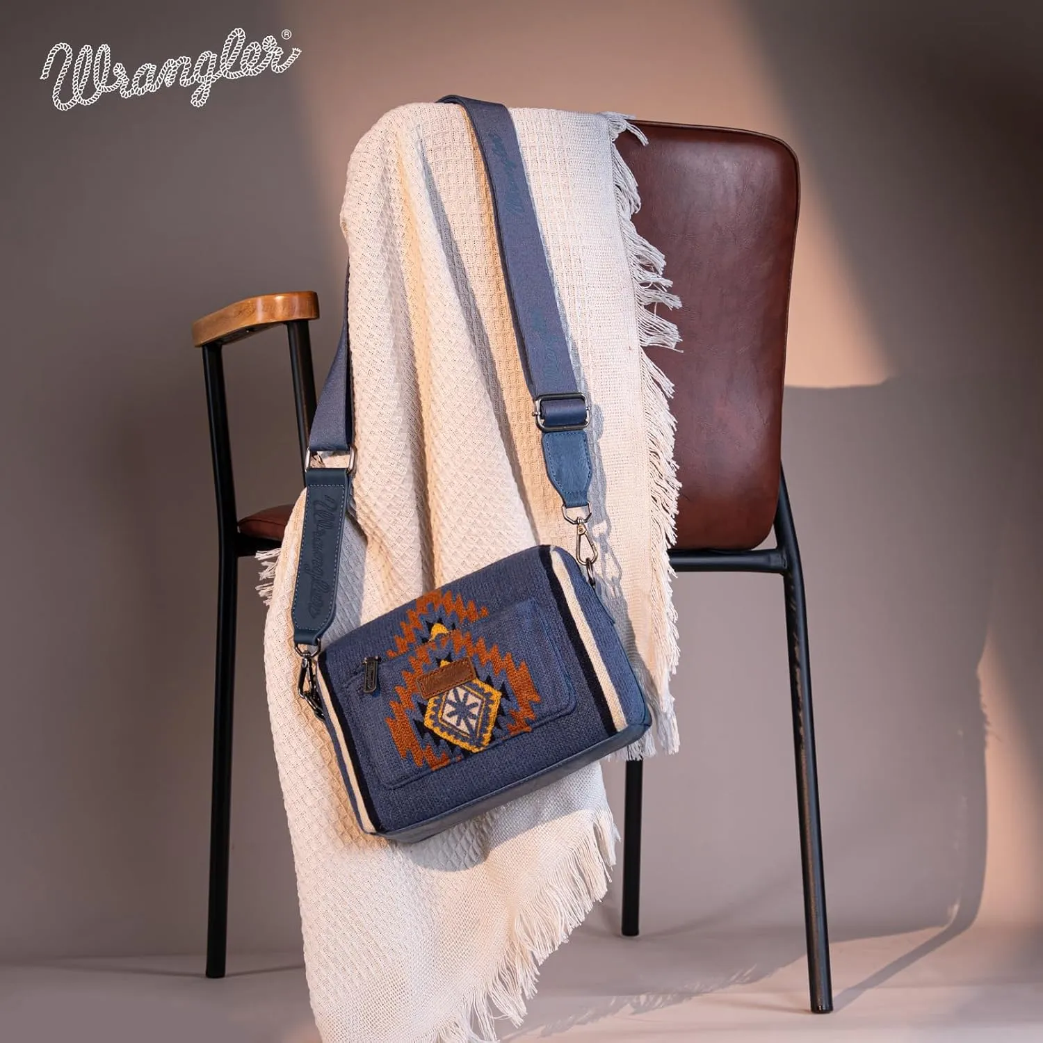 Wrangler Western Aztec Small Crossbody Bags for Women Multi Pocket Over Shoulder Crossbody Purse with Guitar Strap