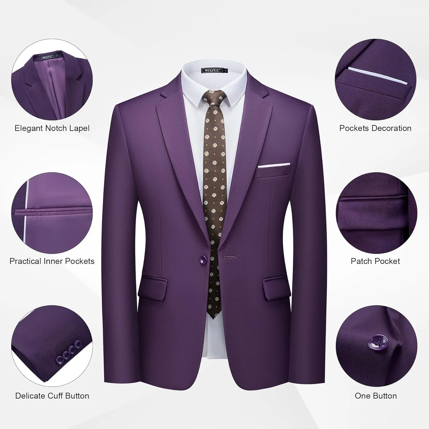 WULFUL Men's 2 Piece Slim Fit Suit Set One Button Blazer Jacket Pants Tuxedo Set for Party, Wedding and Business