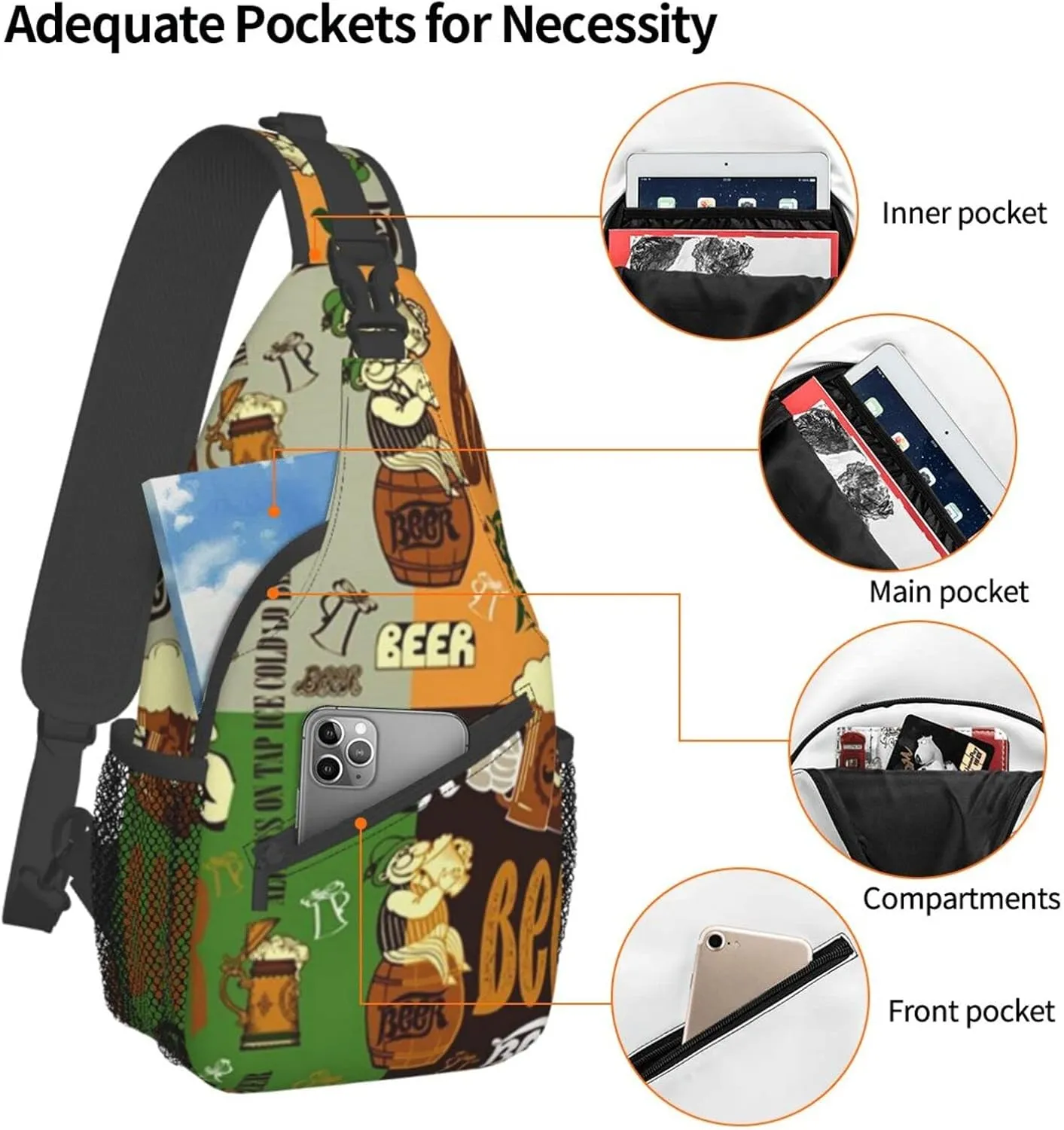 WURTON Beer Print Crossbody Backpack Shoulder Bag Cross Chest Bag For Travel, Hiking Gym Tactical Use