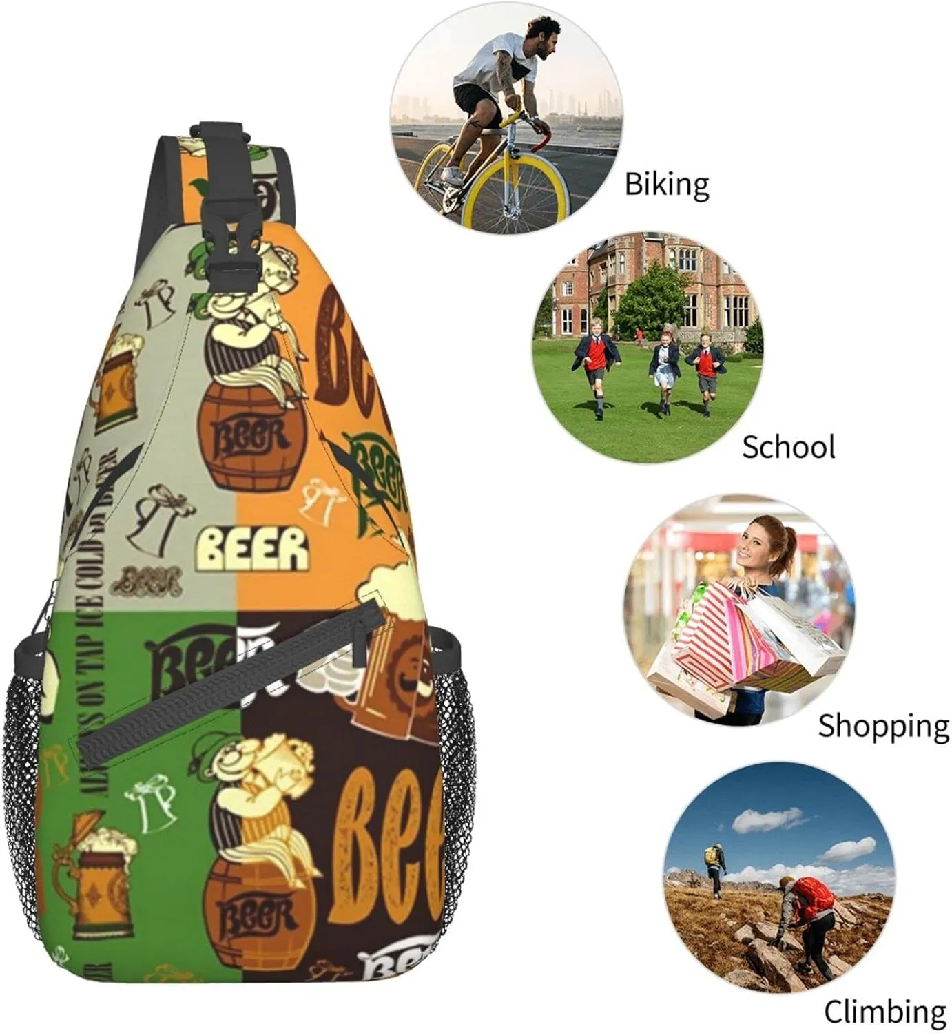 WURTON Beer Print Crossbody Backpack Shoulder Bag Cross Chest Bag For Travel, Hiking Gym Tactical Use