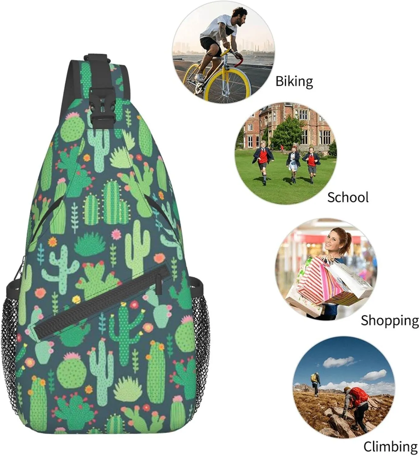 WURTON Cute Cactus Seamless Illustration Print Crossbody Backpack Shoulder Bag Cross Chest Bag For Travel, Hiking Gym Tactical Use