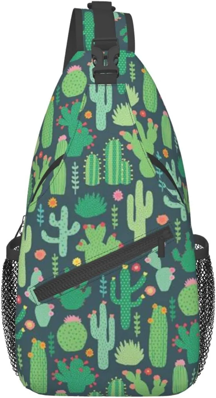 WURTON Cute Cactus Seamless Illustration Print Crossbody Backpack Shoulder Bag Cross Chest Bag For Travel, Hiking Gym Tactical Use