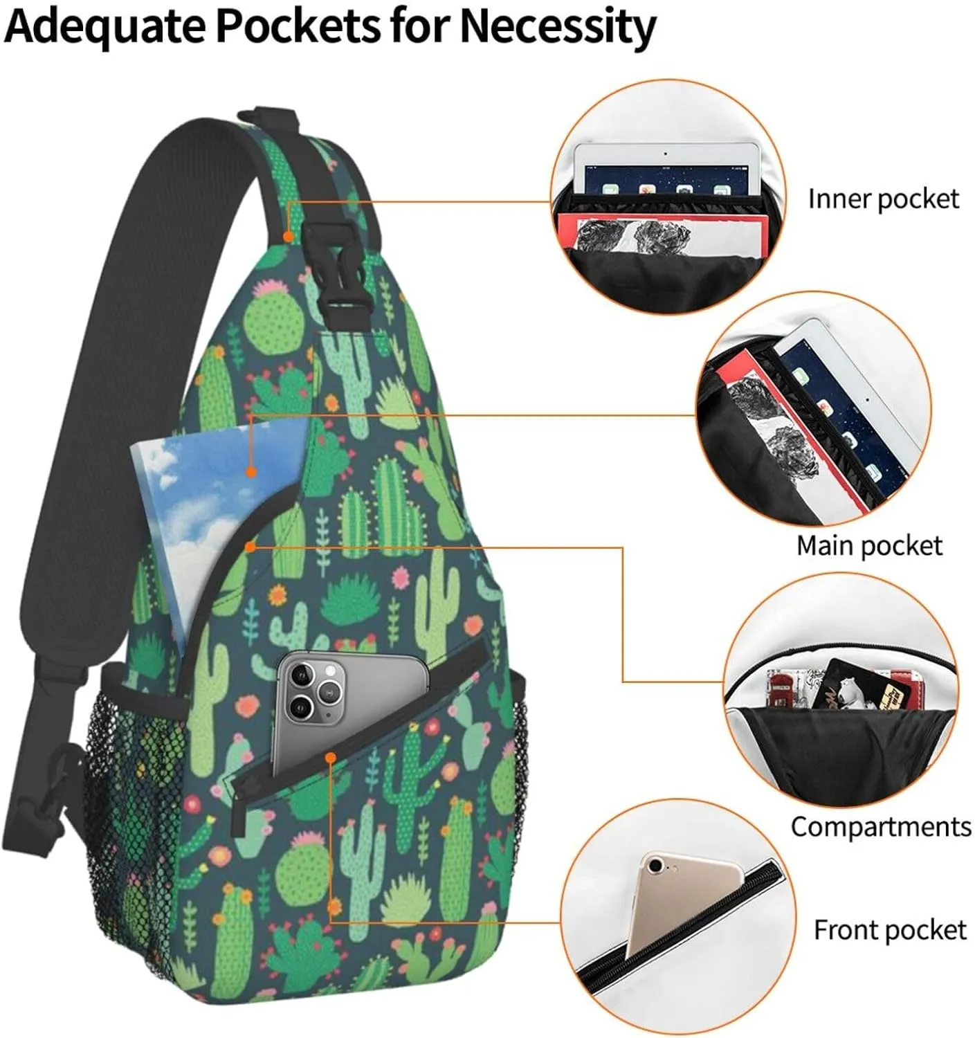 WURTON Cute Cactus Seamless Illustration Print Crossbody Backpack Shoulder Bag Cross Chest Bag For Travel, Hiking Gym Tactical Use