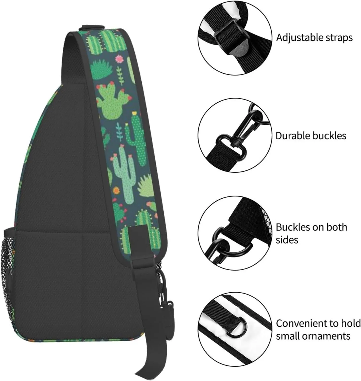 WURTON Cute Cactus Seamless Illustration Print Crossbody Backpack Shoulder Bag Cross Chest Bag For Travel, Hiking Gym Tactical Use