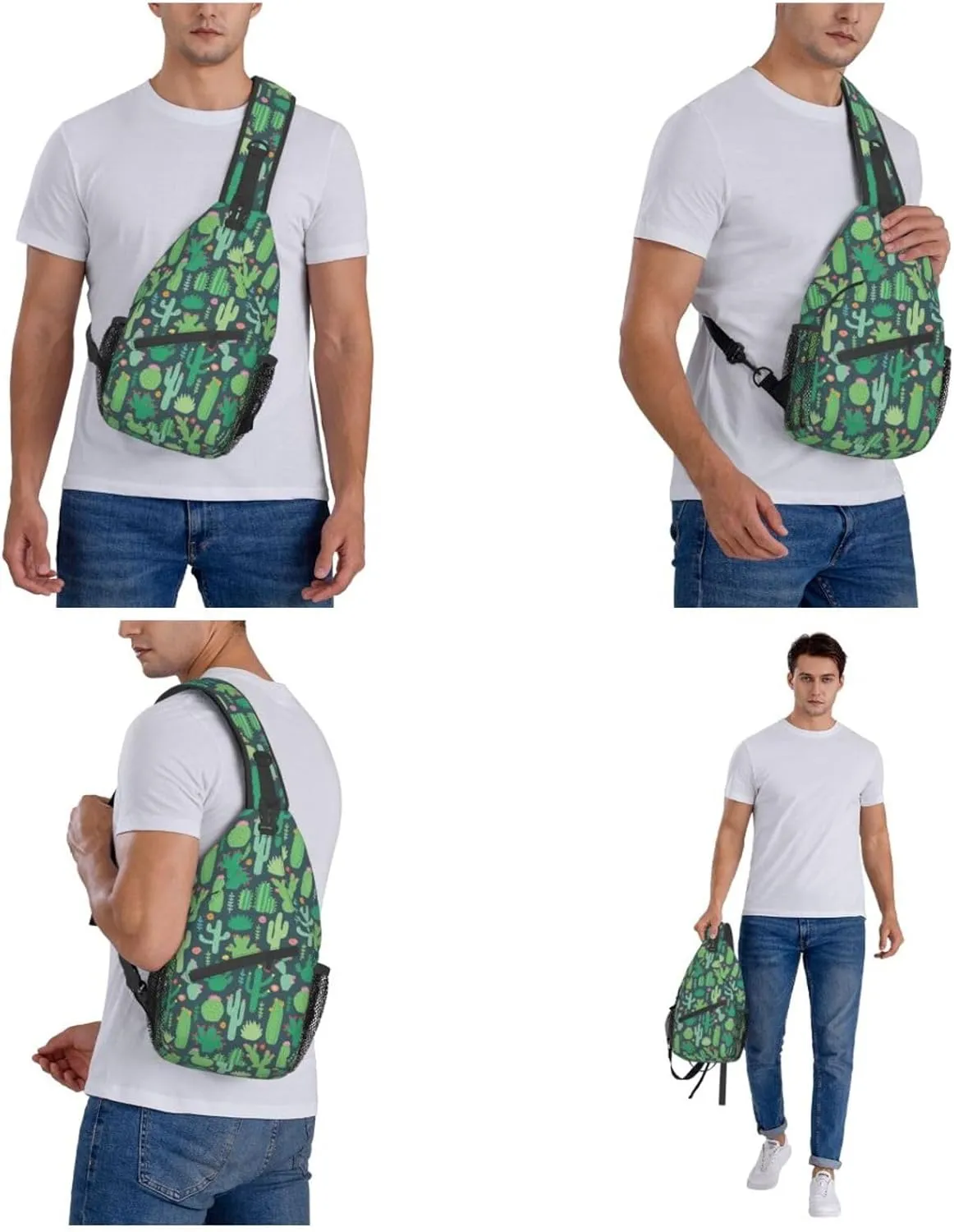 WURTON Cute Cactus Seamless Illustration Print Crossbody Backpack Shoulder Bag Cross Chest Bag For Travel, Hiking Gym Tactical Use