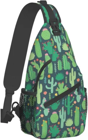 WURTON Cute Cactus Seamless Illustration Print Crossbody Backpack Shoulder Bag Cross Chest Bag For Travel, Hiking Gym Tactical Use