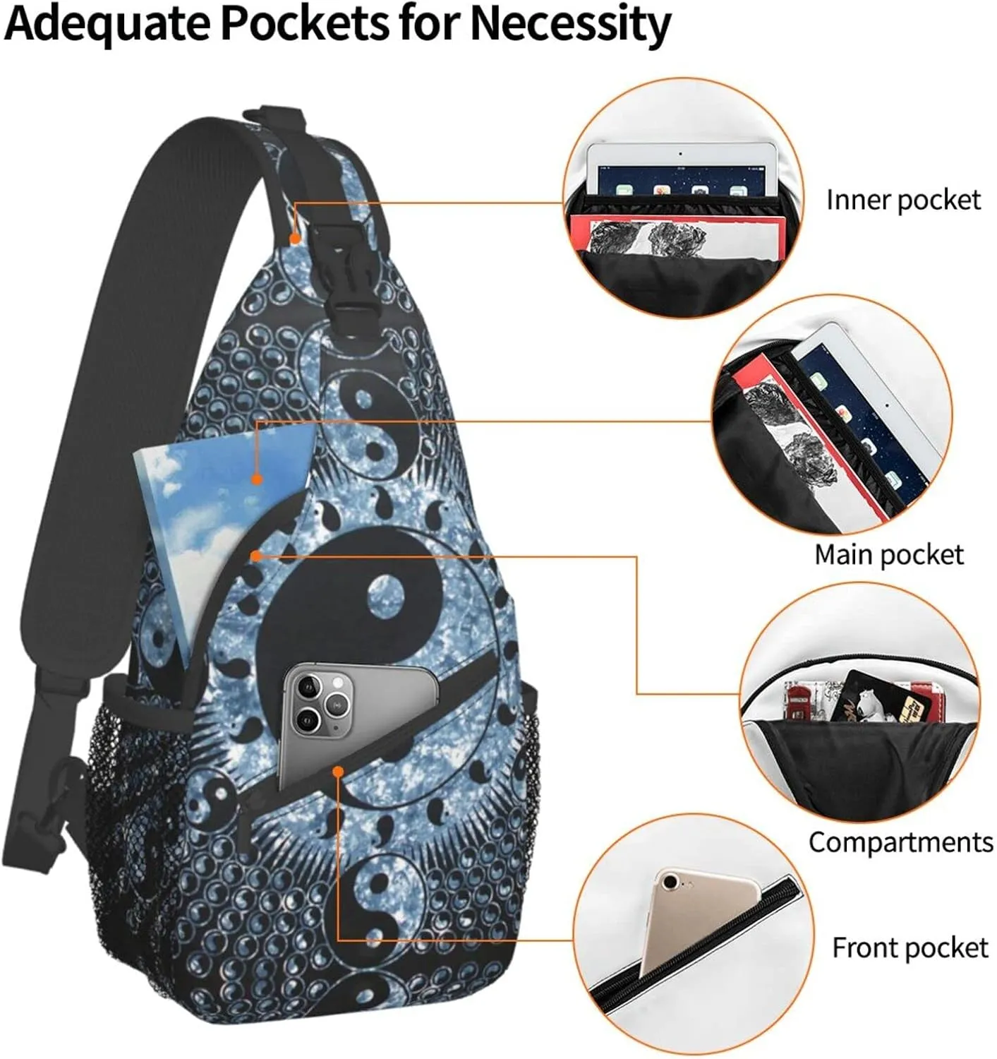 WURTON Ying Yang Diagram Print Crossbody Backpack Shoulder Bag Cross Chest Bag For Travel, Hiking Gym Tactical Use