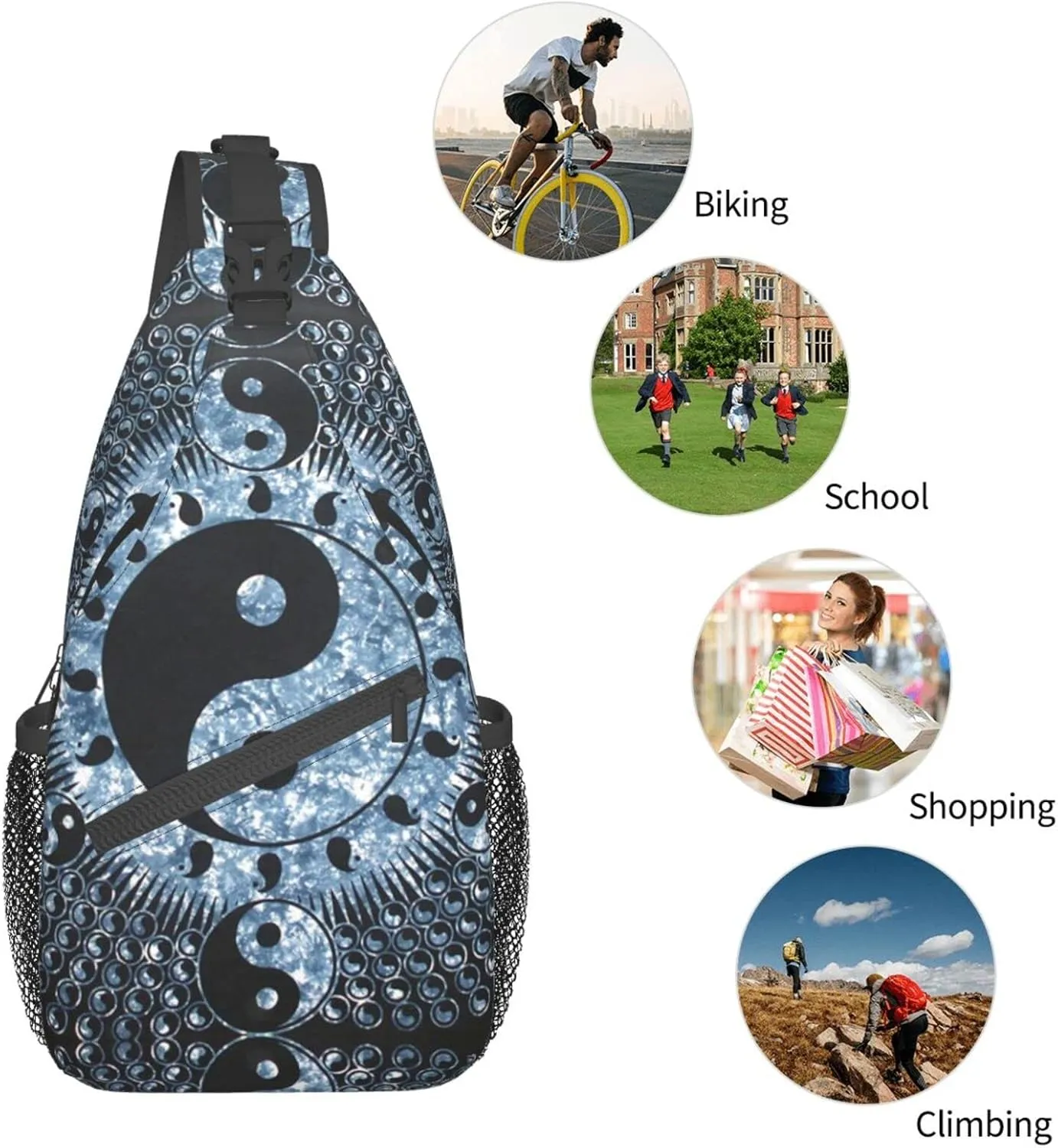 WURTON Ying Yang Diagram Print Crossbody Backpack Shoulder Bag Cross Chest Bag For Travel, Hiking Gym Tactical Use