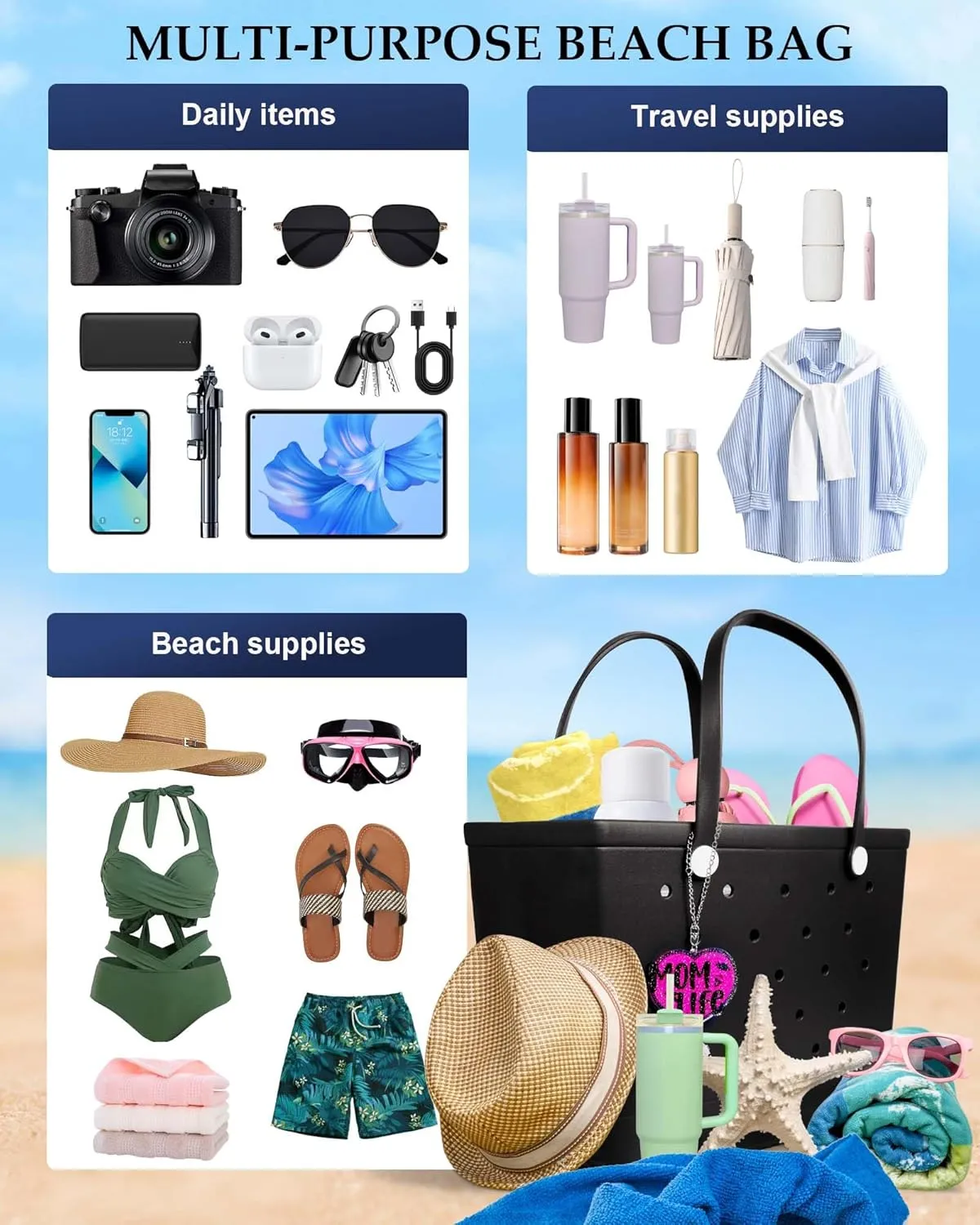X-Large Beach Rubber Tote Bag with Charms, Women Waterproof Original Handbag for Outdoor Modern Travel Sports