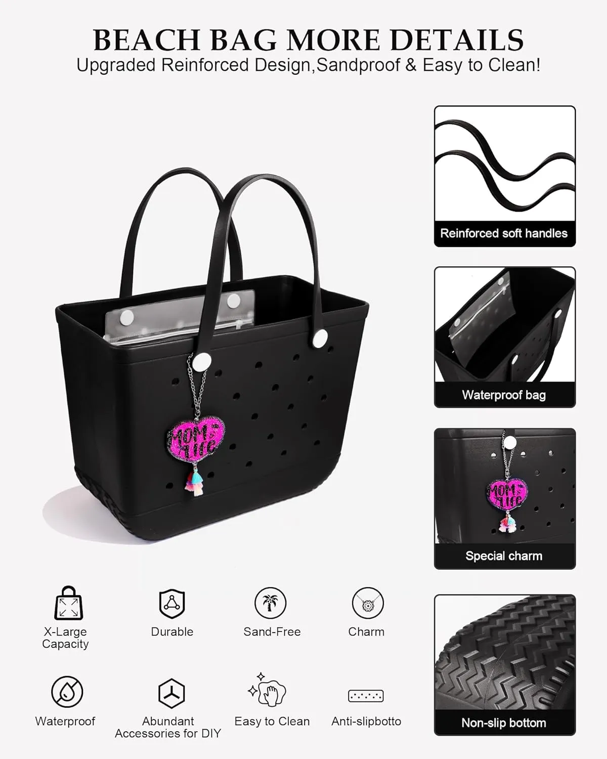 X-Large Beach Rubber Tote Bag with Charms, Women Waterproof Original Handbag for Outdoor Modern Travel Sports