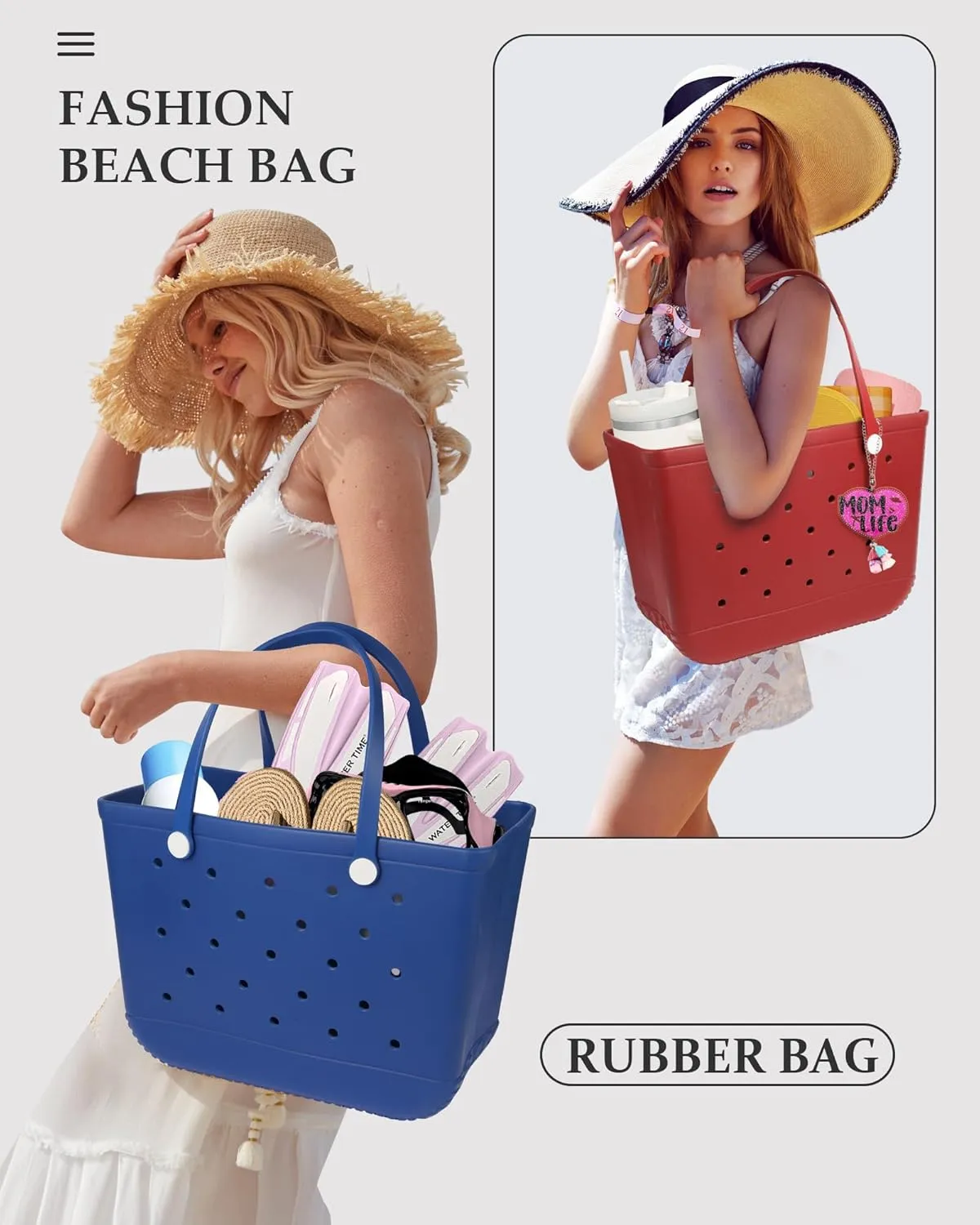 X-Large Beach Rubber Tote Bag with Charms, Women Waterproof Original Handbag for Outdoor Modern Travel Sports