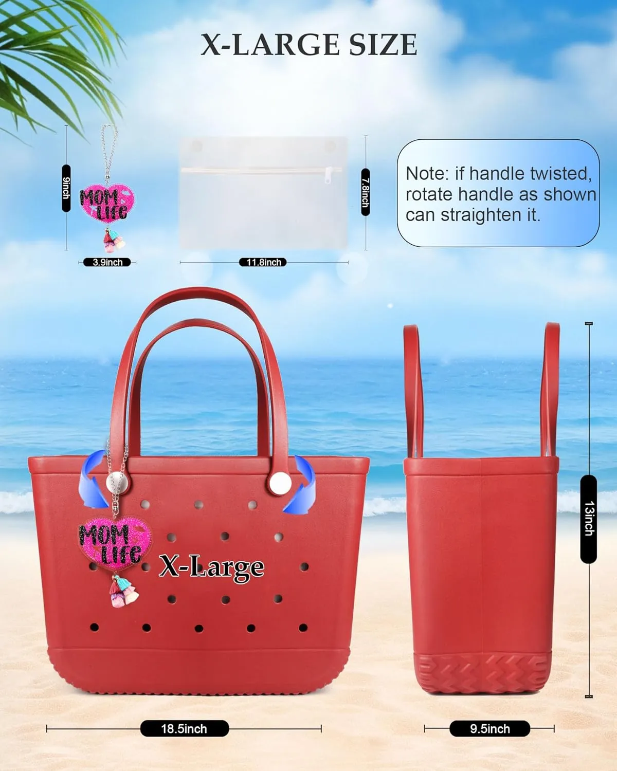 X-Large Beach Rubber Tote Bag with Charms, Women Waterproof Original Handbag for Outdoor Modern Travel Sports