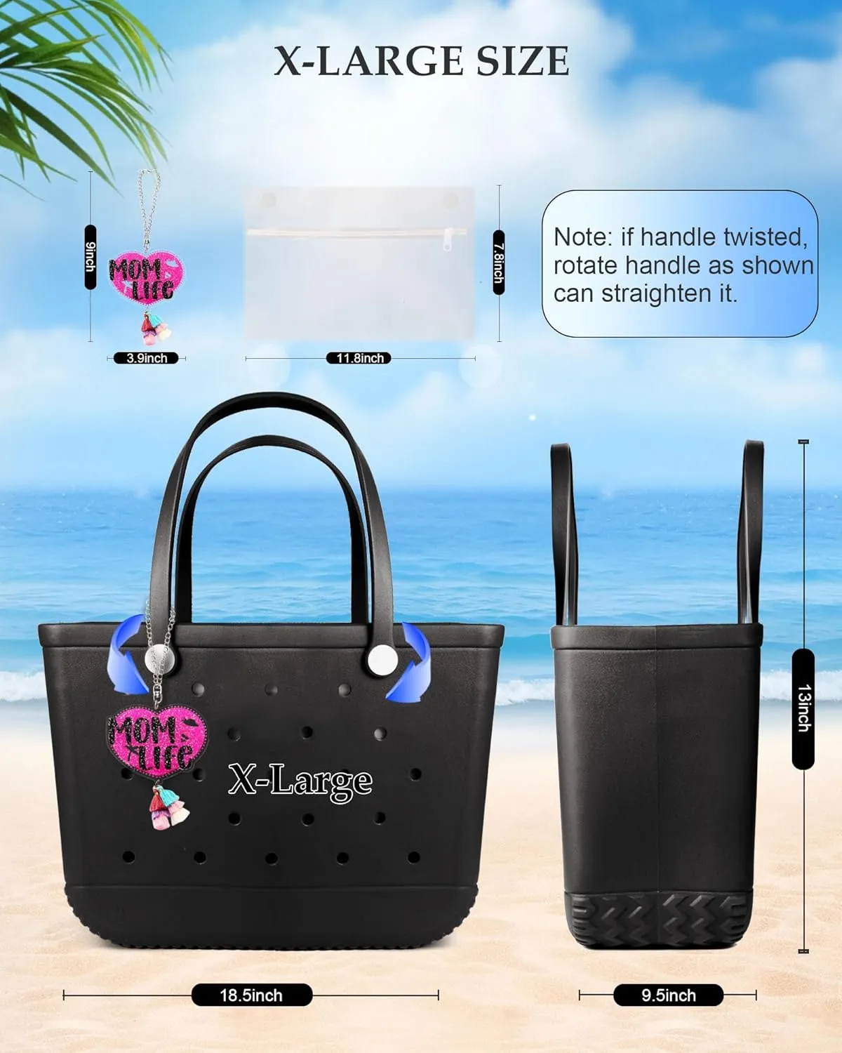 X-Large Beach Rubber Tote Bag with Charms, Women Waterproof Original Handbag for Outdoor Modern Travel Sports