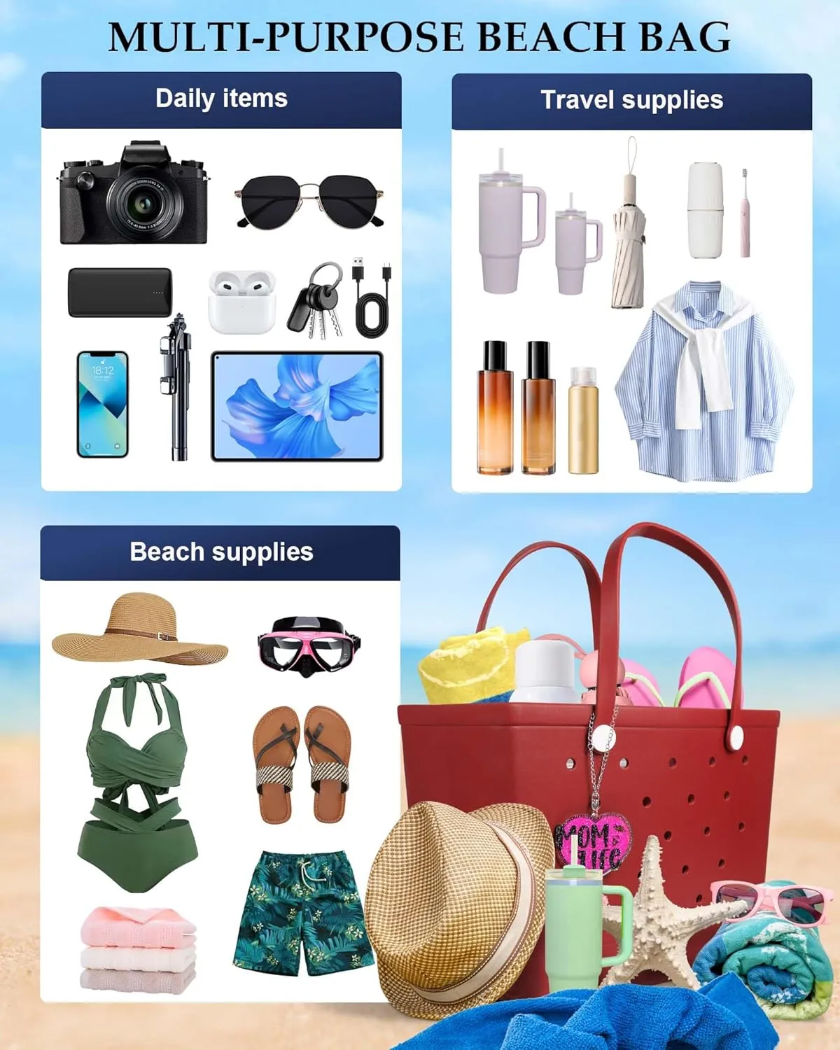 X-Large Beach Rubber Tote Bag with Charms, Women Waterproof Original Handbag for Outdoor Modern Travel Sports