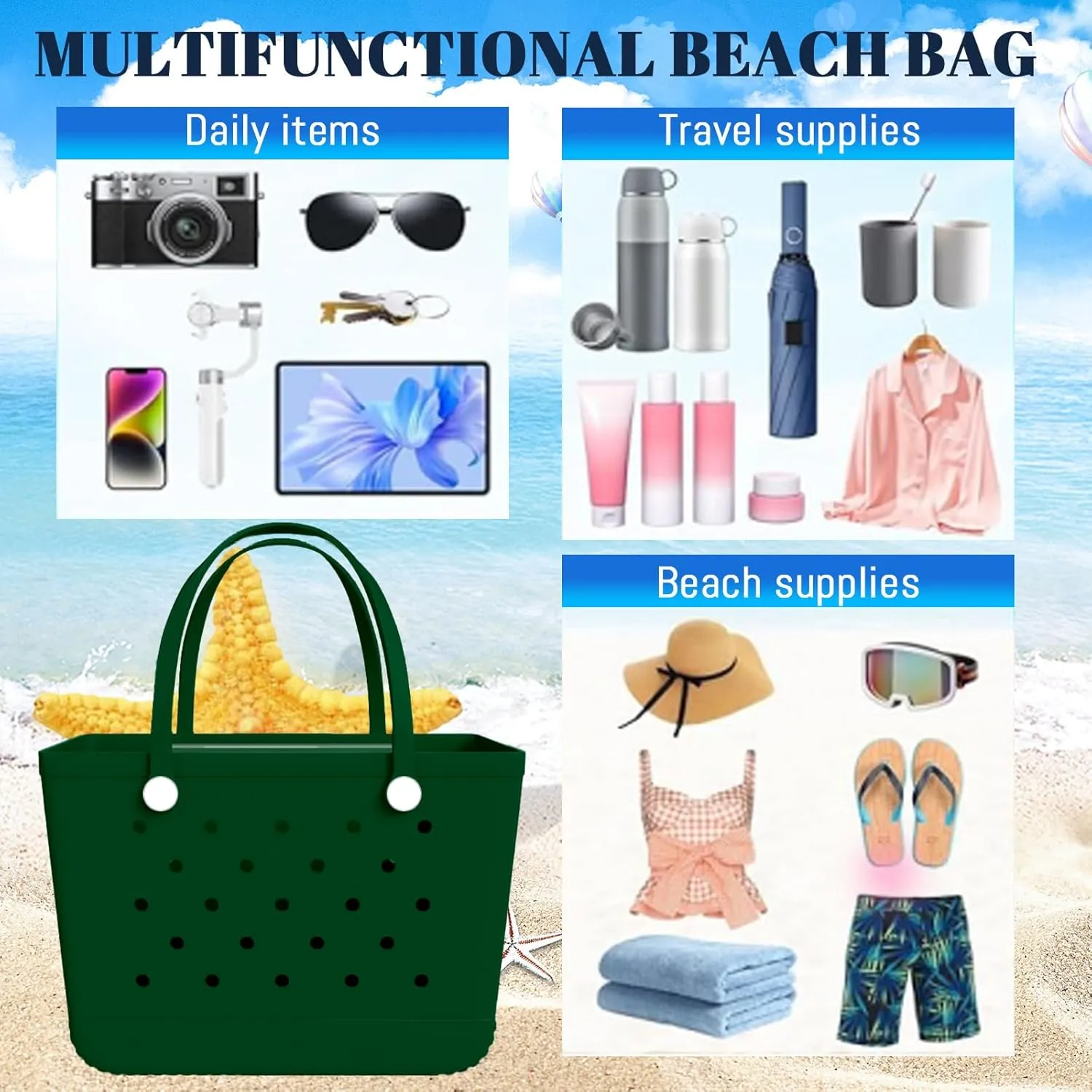 X-Large Rubber Tote Bag Waterproof Beach Washable Handbag Storage Bags Durable Modern Travel SportsTote Bag