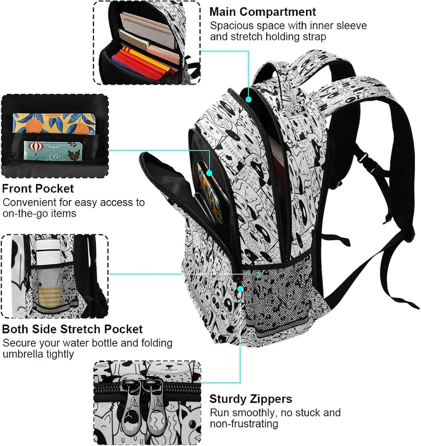 xigua Black White Doodle Dogs Print Travel Backpack for School Water Resistant Bookbag