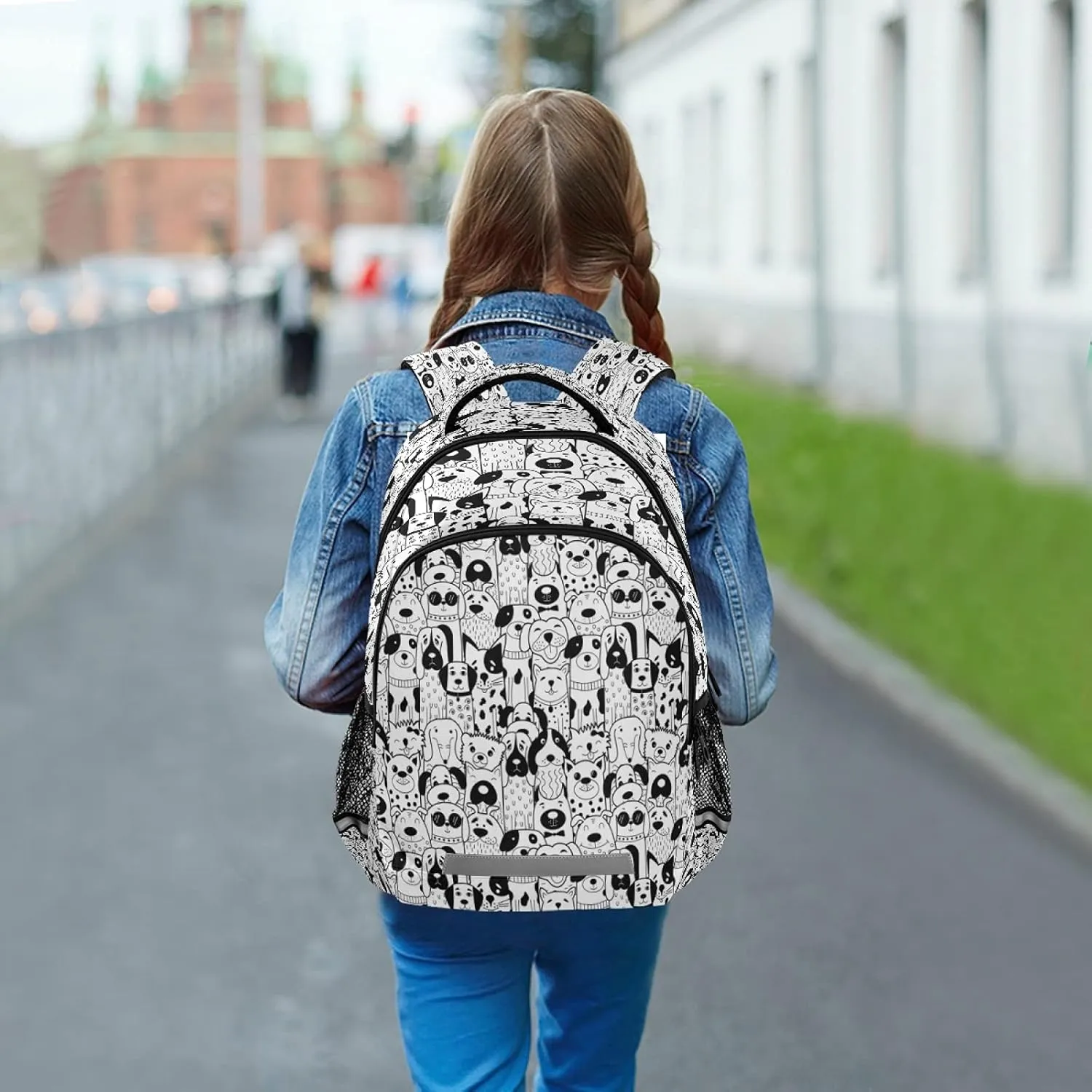 xigua Black White Doodle Dogs Print Travel Backpack for School Water Resistant Bookbag