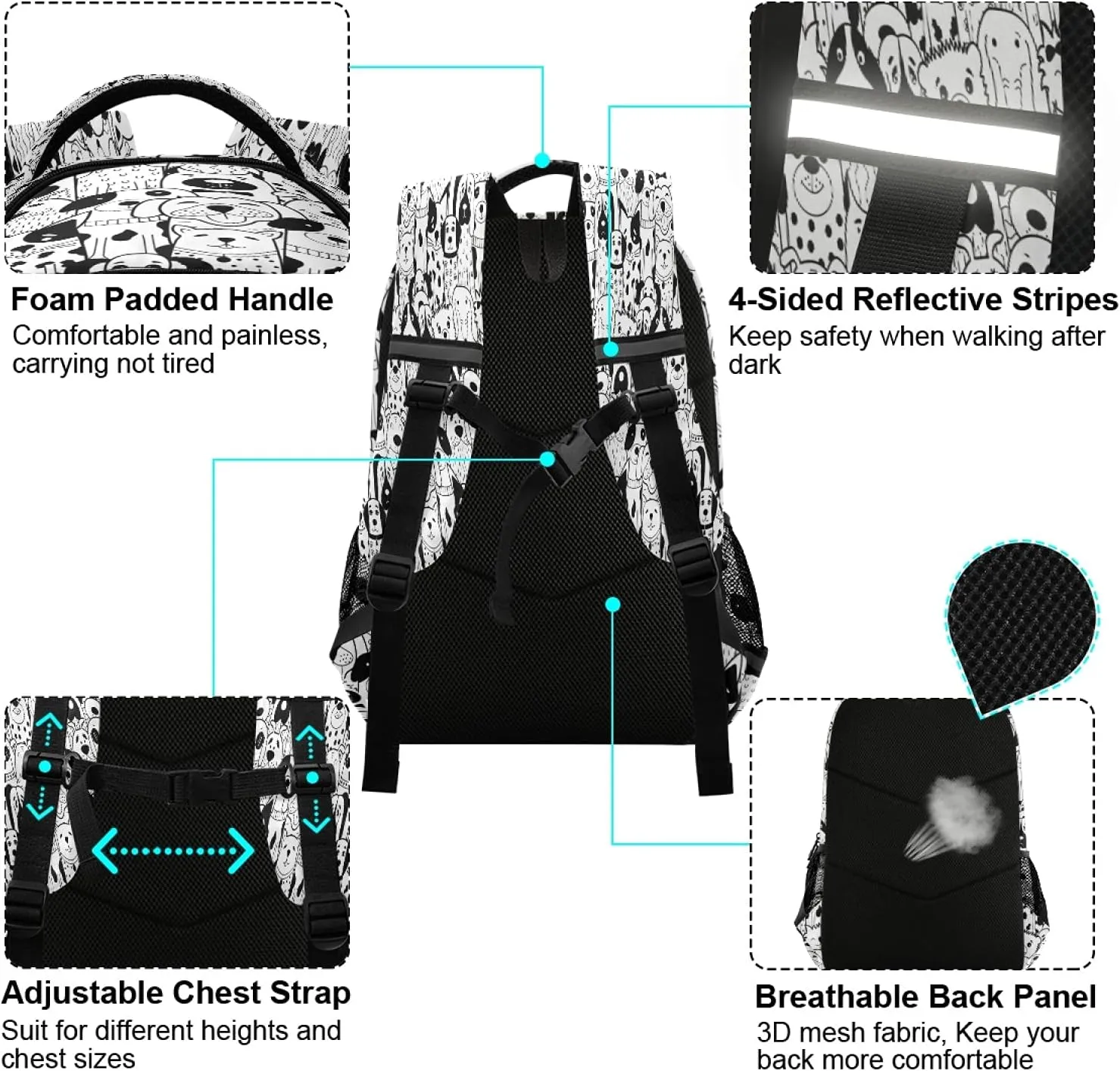 xigua Black White Doodle Dogs Print Travel Backpack for School Water Resistant Bookbag