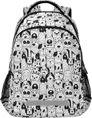 xigua Black White Doodle Dogs Print Travel Backpack for School Water Resistant Bookbag