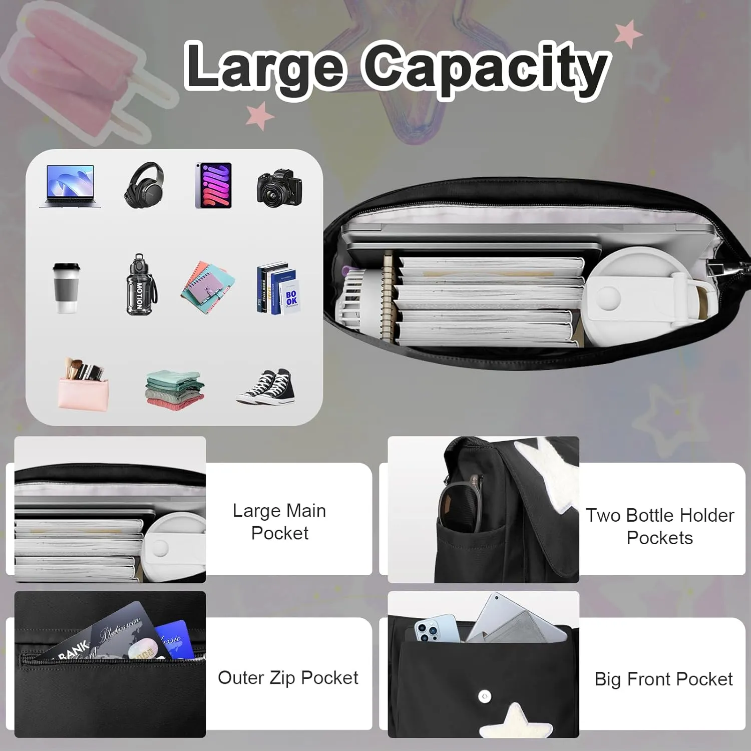 Y2K Messenger Bag for Women, Lightweight Spacious Stars Tote Purse with Cute Coin Purse, Crossbody Shoulder Bag