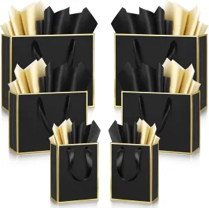 Yeaqee 12 Sets Metallic Paper Gift Bags with Handle Tissue Paper Include 8", 10" and 13" Thank You 5 Senses Gift Bags for Him Her Graduation Wedding Bridal Baby Shower Groomsmen Favor(Black, Gold)