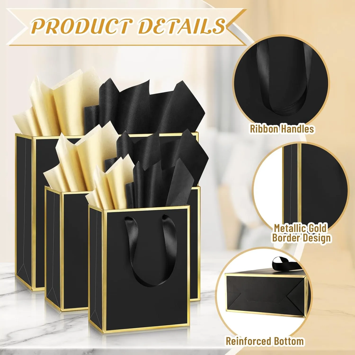 Yeaqee 12 Sets Metallic Paper Gift Bags with Handle Tissue Paper Include 8", 10" and 13" Thank You 5 Senses Gift Bags for Him Her Graduation Wedding Bridal Baby Shower Groomsmen Favor(Black, Gold)