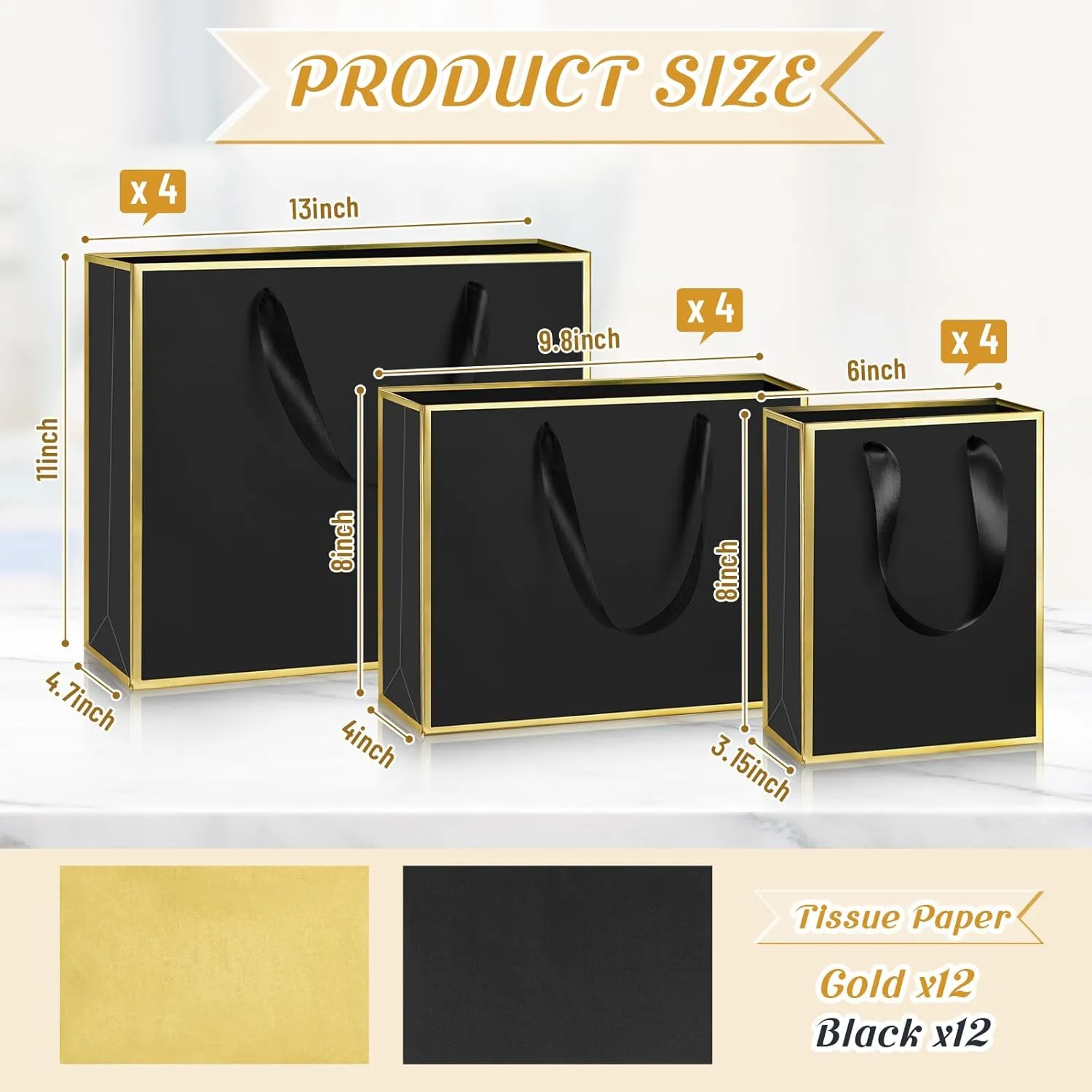 Yeaqee 12 Sets Metallic Paper Gift Bags with Handle Tissue Paper Include 8", 10" and 13" Thank You 5 Senses Gift Bags for Him Her Graduation Wedding Bridal Baby Shower Groomsmen Favor(Black, Gold)