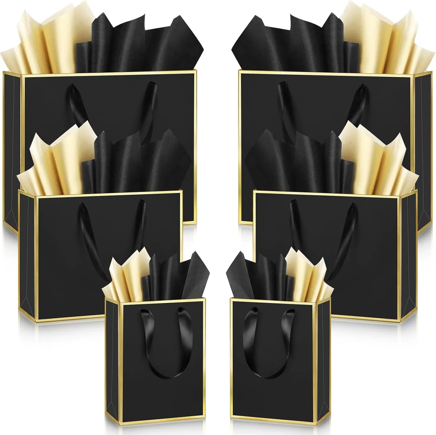 Yeaqee 12 Sets Metallic Paper Gift Bags with Handle Tissue Paper Include 8", 10" and 13" Thank You 5 Senses Gift Bags for Him Her Graduation Wedding Bridal Baby Shower Groomsmen Favor(Black, Gold)