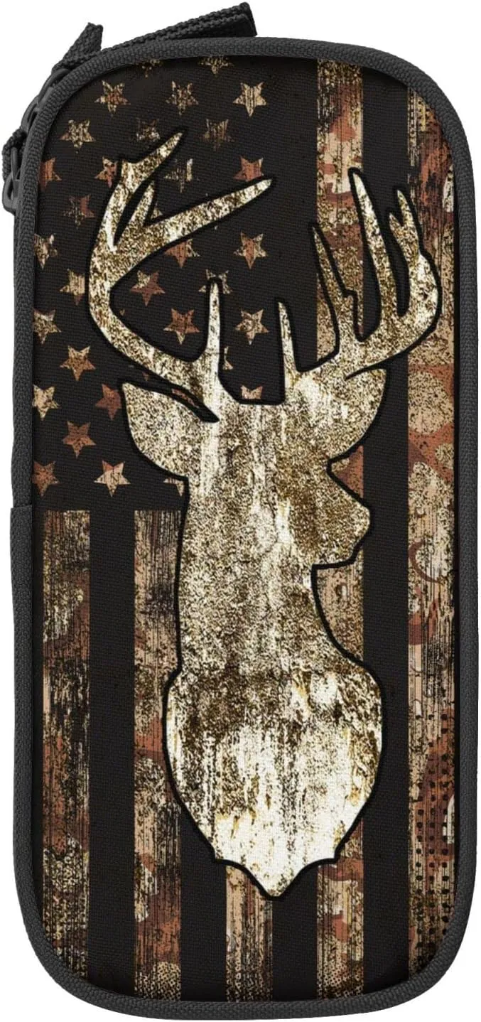 YETTA YANG Camo Camouflage American Flag Brown Cool Deer Hunting Pencil Box Case for Pen Holders Office Supplies Big Capacity large