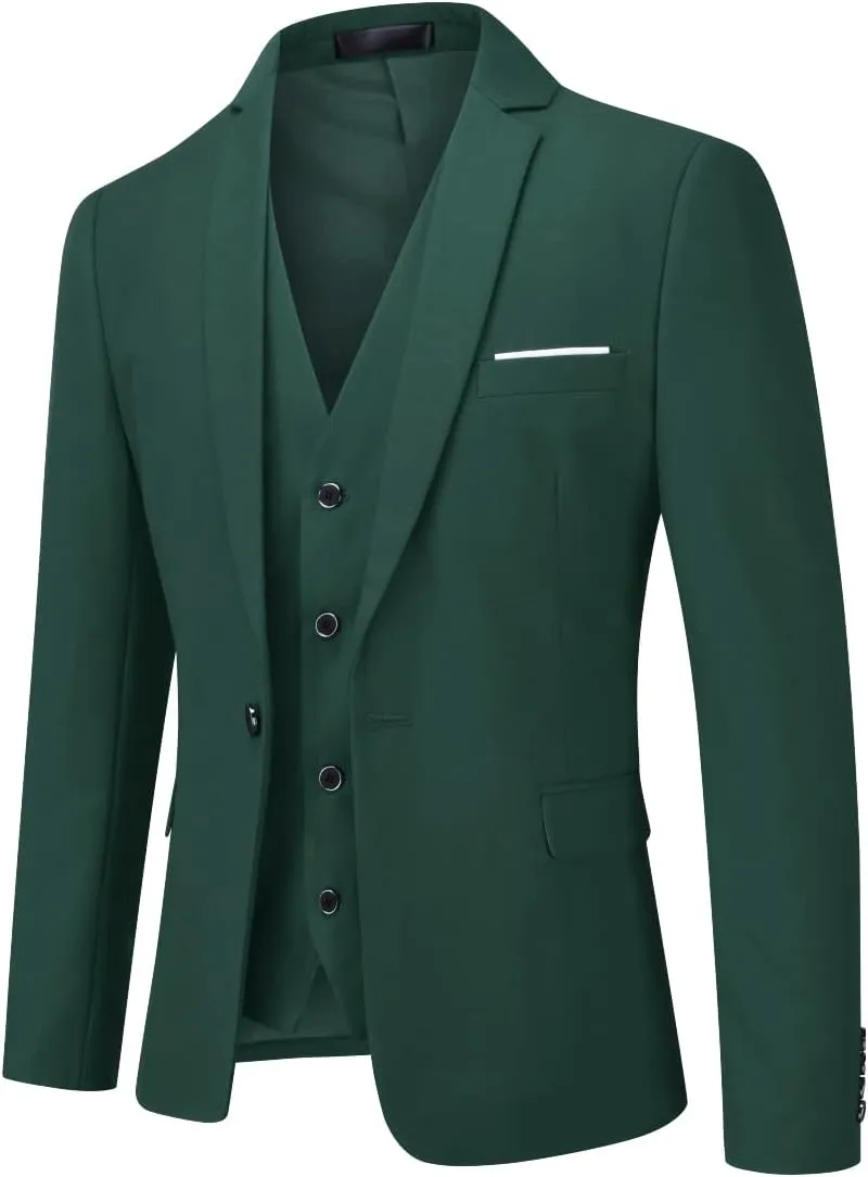 YFFUSHI Men's 3 Piece Suit Set Slim Fit One Button Solid Jacket Vest Pants with Suit Bags