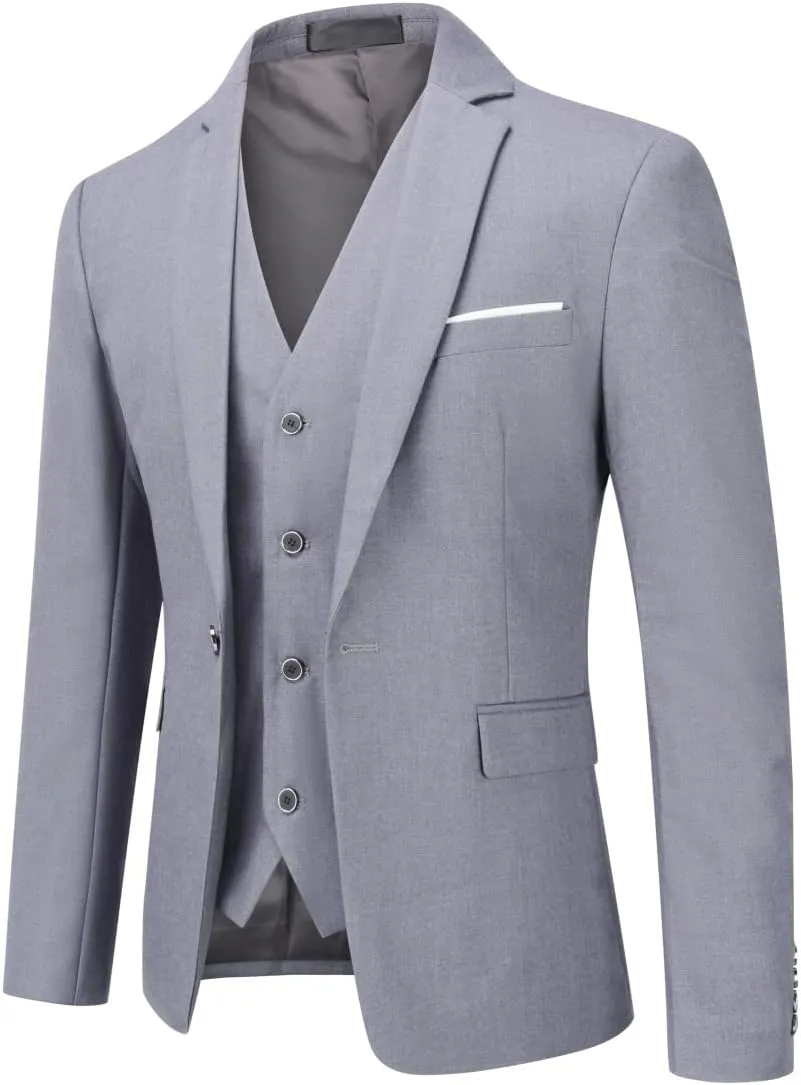 YFFUSHI Men's 3 Piece Suit Set Slim Fit One Button Solid Jacket Vest Pants with Suit Bags