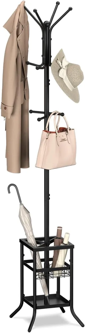 Yoobure Coat Rack Freestanding, Coat Tree with Umbrella Holder, Metal Coat Rack Stand with 12 Hooks, Modern Coat Hanger Stand for Entryway, Purse Rack Hat Rack Stand for Living Room Bedroom Office