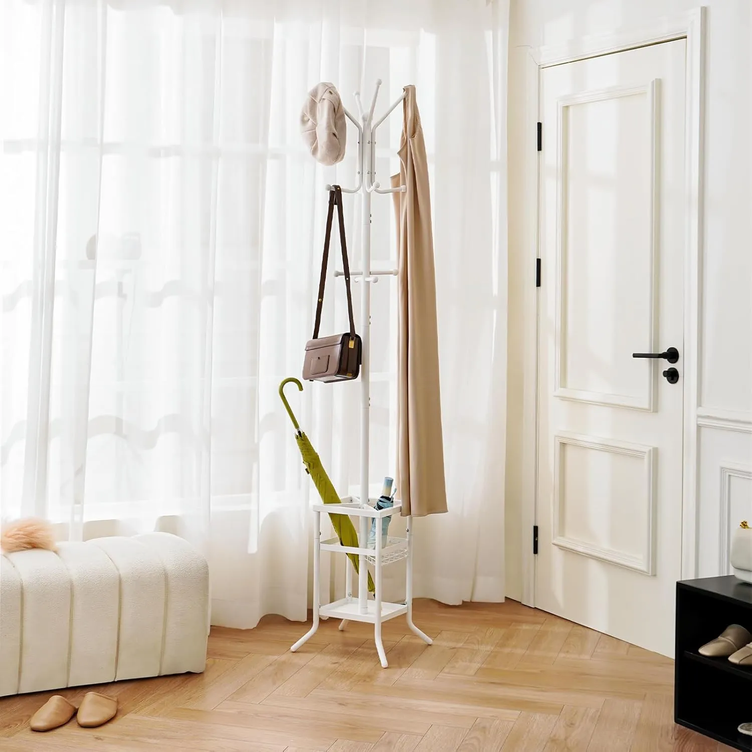 Yoobure Coat Rack Freestanding, Coat Tree with Umbrella Holder, Metal Coat Rack Stand with 12 Hooks, Modern Coat Hanger Stand for Entryway, Purse Rack Hat Rack Stand for Living Room Bedroom Office