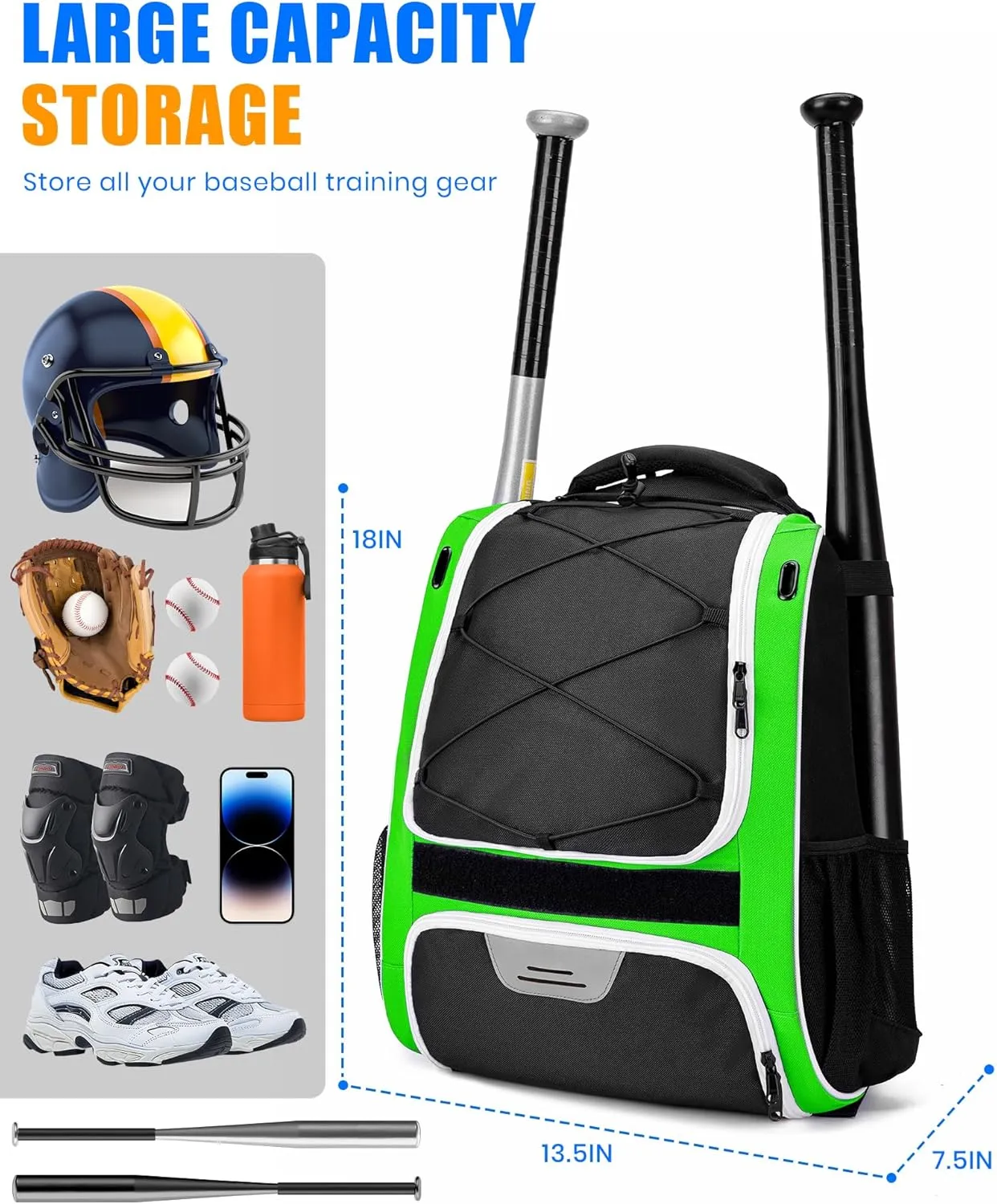 Youth Baseball Bag-Baseball Backpack for T-Ball&Softball Equipment with Fence Hook,Bat&Glove Holder,Large Main Compartment for Helmet,Accessories,Shoes Compartment