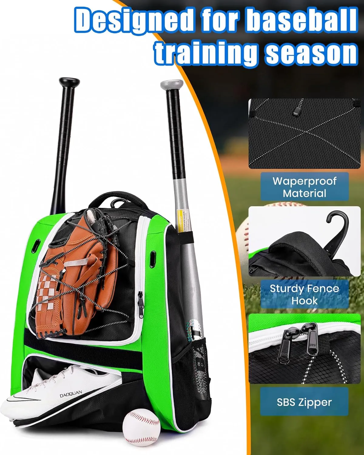 Youth Baseball Bag-Baseball Backpack for T-Ball&Softball Equipment with Fence Hook,Bat&Glove Holder,Large Main Compartment for Helmet,Accessories,Shoes Compartment