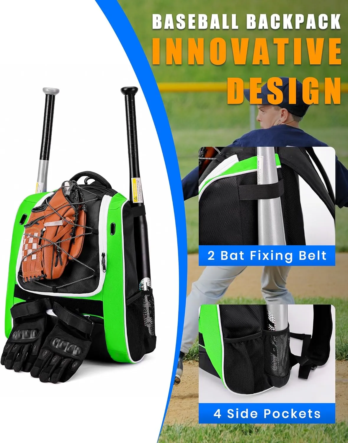 Youth Baseball Bag-Baseball Backpack for T-Ball&Softball Equipment with Fence Hook,Bat&Glove Holder,Large Main Compartment for Helmet,Accessories,Shoes Compartment