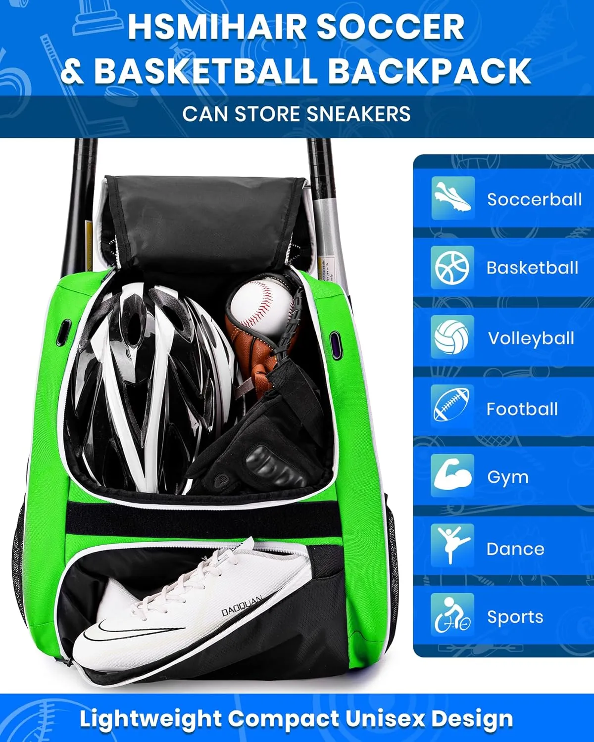 Youth Baseball Bag-Baseball Backpack for T-Ball&Softball Equipment with Fence Hook,Bat&Glove Holder,Large Main Compartment for Helmet,Accessories,Shoes Compartment