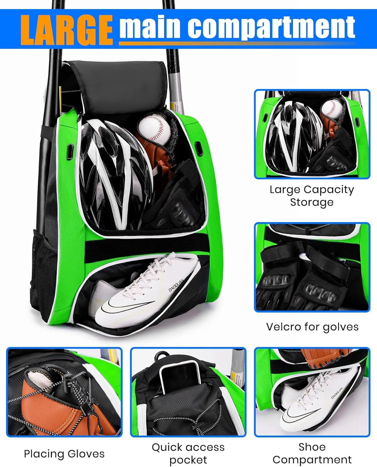 Youth Baseball Bag-Baseball Backpack for T-Ball&Softball Equipment with Fence Hook,Bat&Glove Holder,Large Main Compartment for Helmet,Accessories,Shoes Compartment
