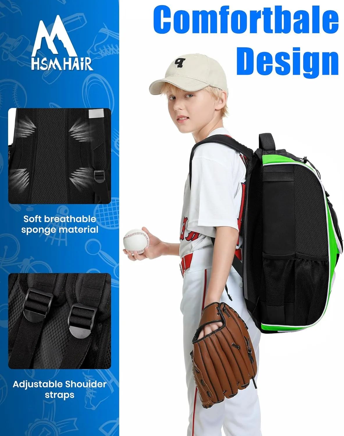 Youth Baseball Bag-Baseball Backpack for T-Ball&Softball Equipment with Fence Hook,Bat&Glove Holder,Large Main Compartment for Helmet,Accessories,Shoes Compartment