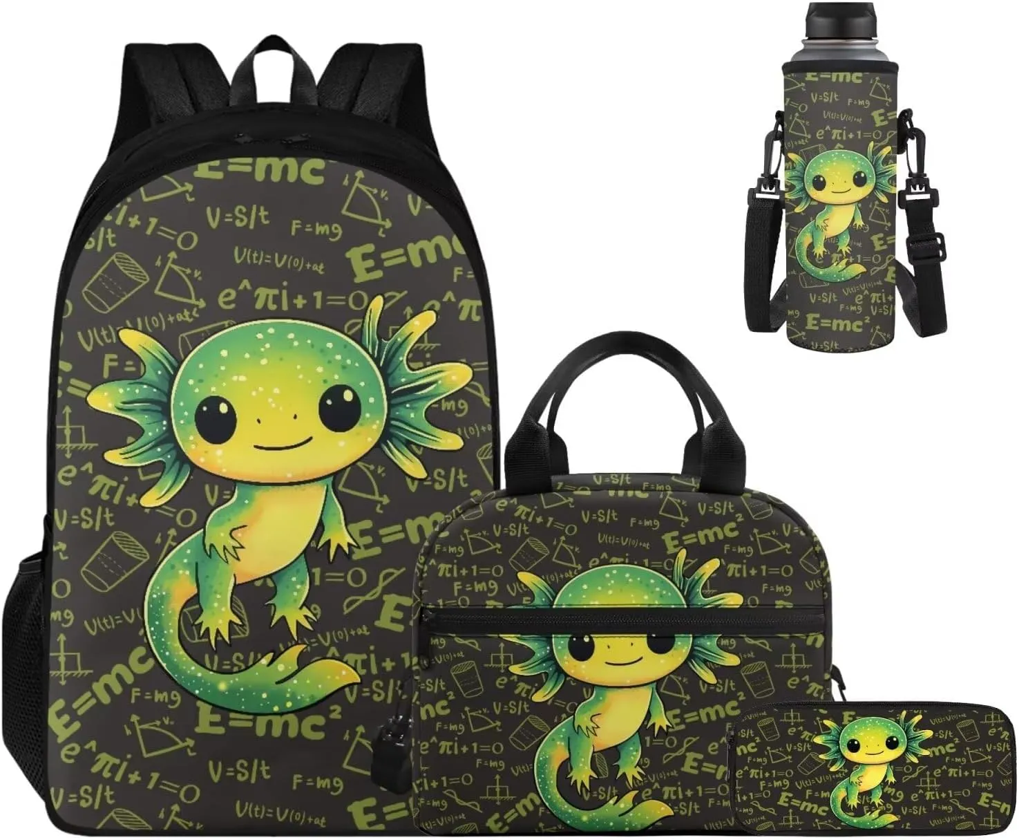 Ystardream Boys Green Axolotl Backpack for 5Th Grade School Bag with Luch Bag for Boys 17 Inch Middle School Daypack with Large Capacity Design Trendy Math Equation Print Pencil Case