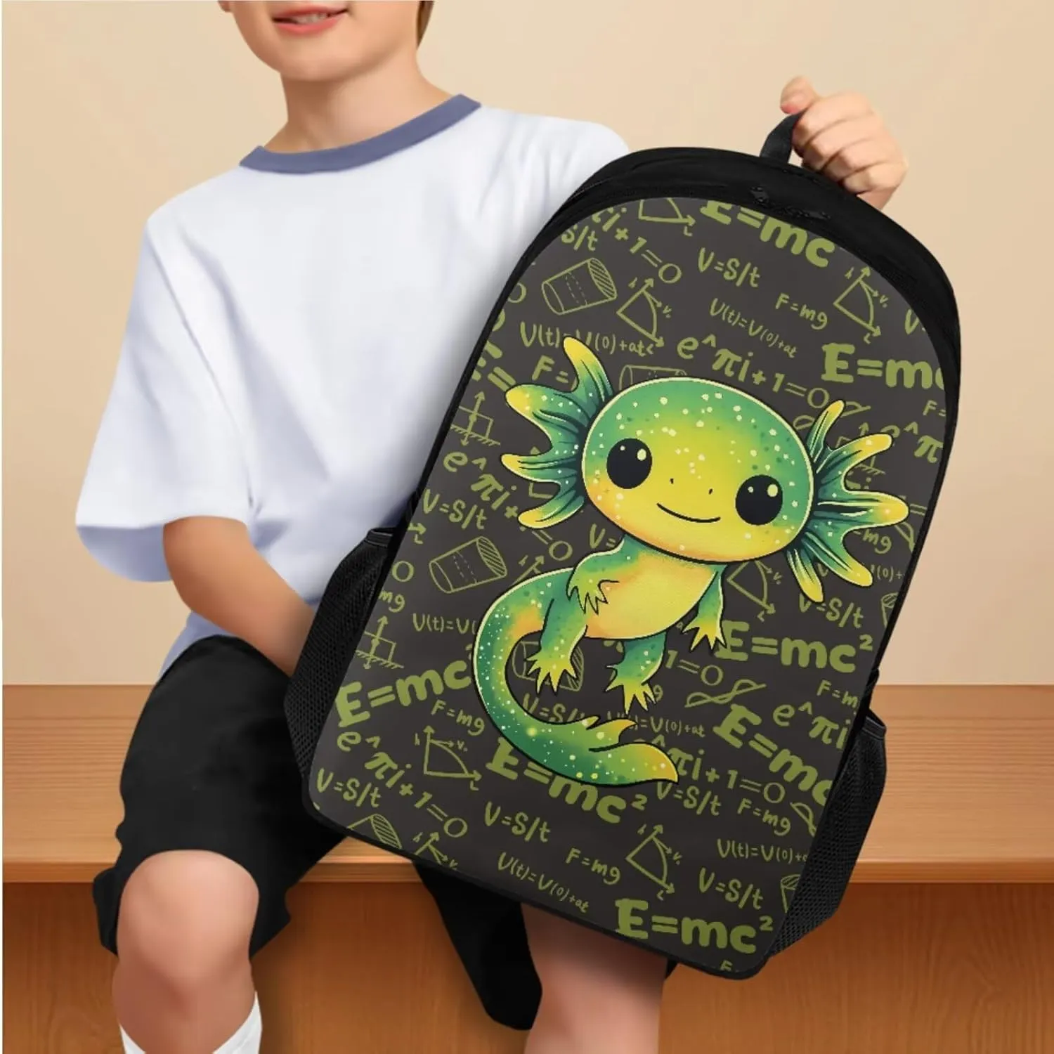 Ystardream Boys Green Axolotl Backpack for 5Th Grade School Bag with Luch Bag for Boys 17 Inch Middle School Daypack with Large Capacity Design Trendy Math Equation Print Pencil Case