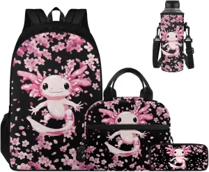Ystardream Elementary School Backpack for Girls Cherry Blossom Axolotl Bookbag with Lunch Box Set of 4 School Backpacks Matching Combo for Student Funny Bookbag and Pencil Case Bundle 5Th Grade Girls