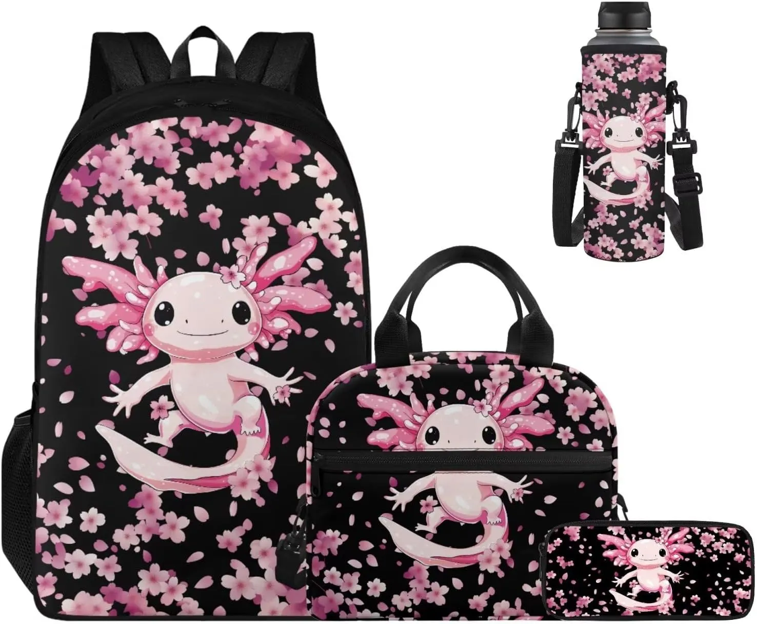 Ystardream Elementary School Backpack for Girls Cherry Blossom Axolotl Bookbag with Lunch Box Set of 4 School Backpacks Matching Combo for Student Funny Bookbag and Pencil Case Bundle 5Th Grade Girls
