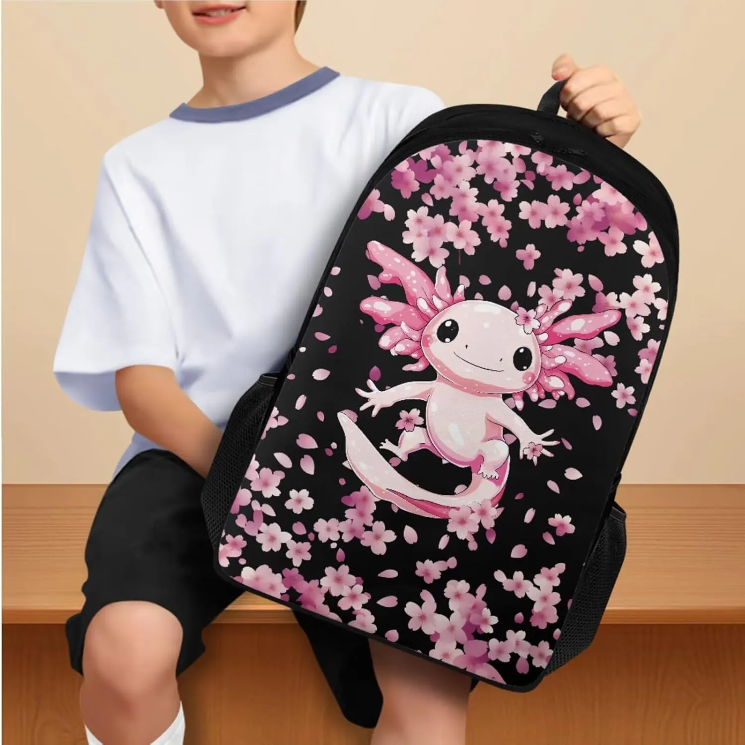 Ystardream Elementary School Backpack for Girls Cherry Blossom Axolotl Bookbag with Lunch Box Set of 4 School Backpacks Matching Combo for Student Funny Bookbag and Pencil Case Bundle 5Th Grade Girls
